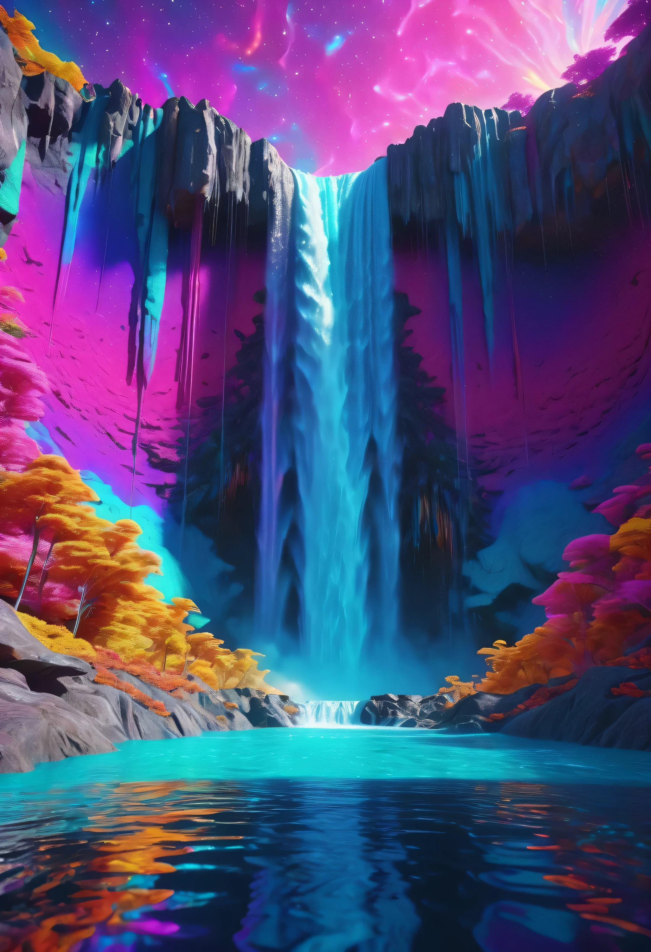 Mesmerizing Cosmic Waterfall in a Psychedelic World psychedlic colors, in the style of 3D, octane render, 8k, ray-tracing, blender, hyper-detailed