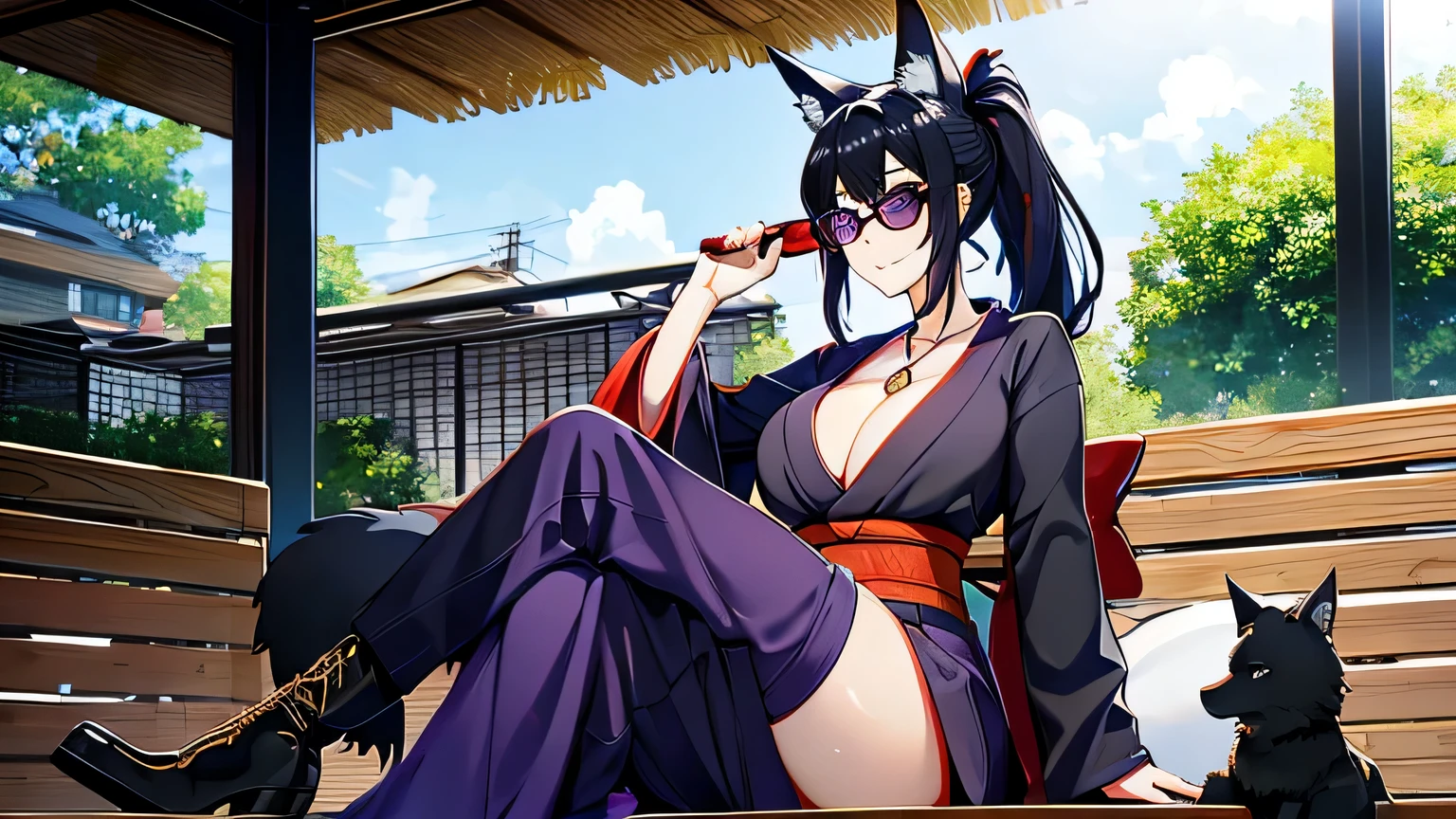 1 girl , alone ,Taisho Modern、big cleavage、headphone , greenish black hair、ponytail、fox ears、blue eyes、sunglasses、Dark purple kimono、red hair ornament、light purple long hakama、black coat、leather boots、hang around the neck headphone、sunglasses、flashy necklace、sexy、charm、Wet、face turns red , sitting on the bench