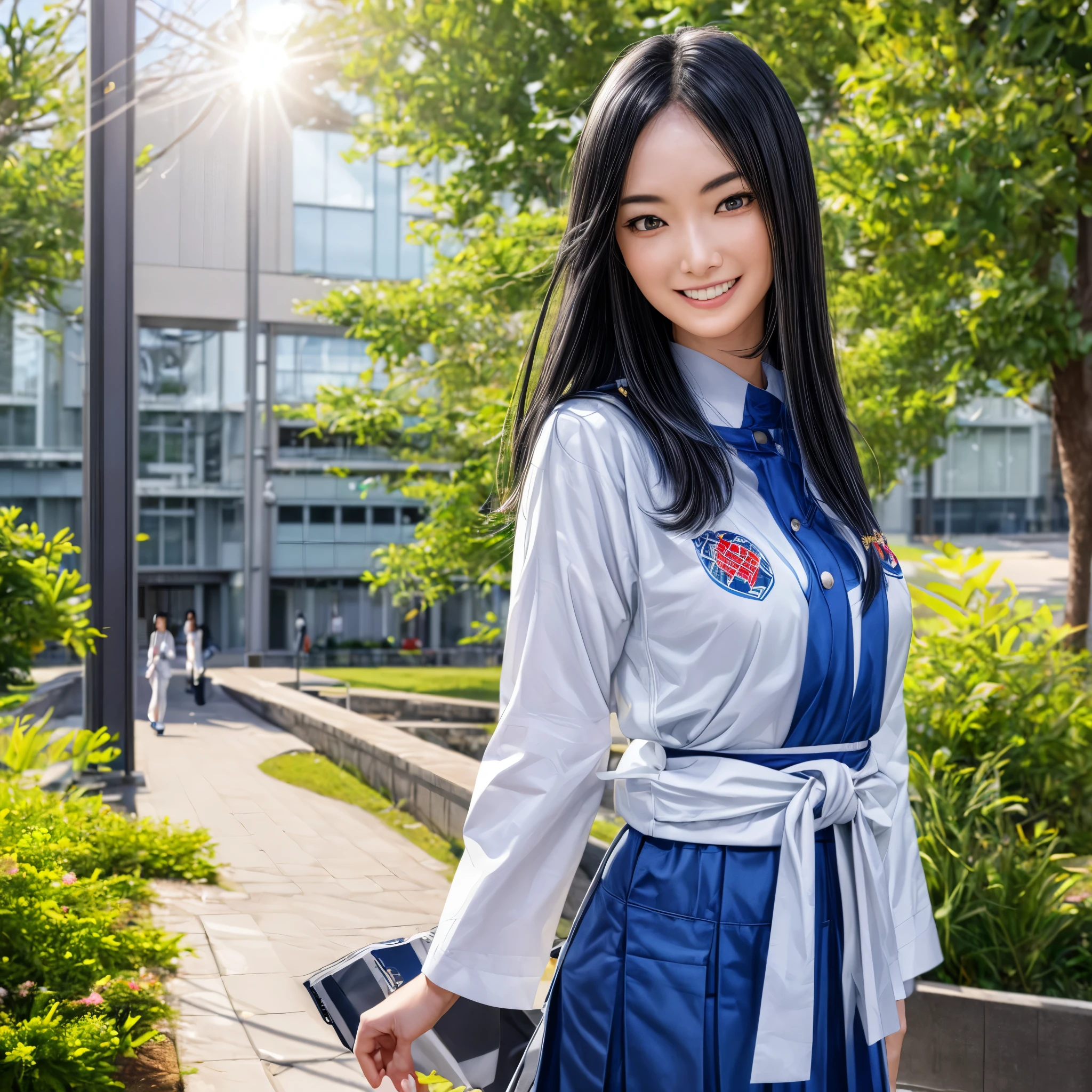 (best quality,4k,8k,highres,masterpiece:1.2),ultra-detailed, Japanese Goddess Amaterasu as a college student, Black hair, Blue academy uniform with yellow accents, walking around college campus, smiling at viewer, seducing viewer, HDR, 8k, absurdres, cinestill 800, sharp focus, add_detail:3
