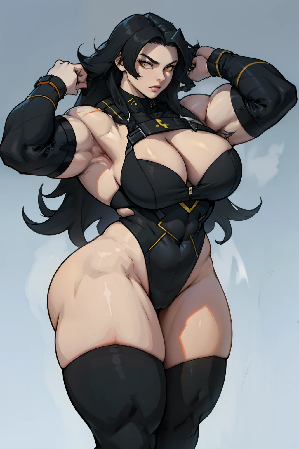 large breasts pale skin long hair black hair yellow eyes thick muscular huge breasts