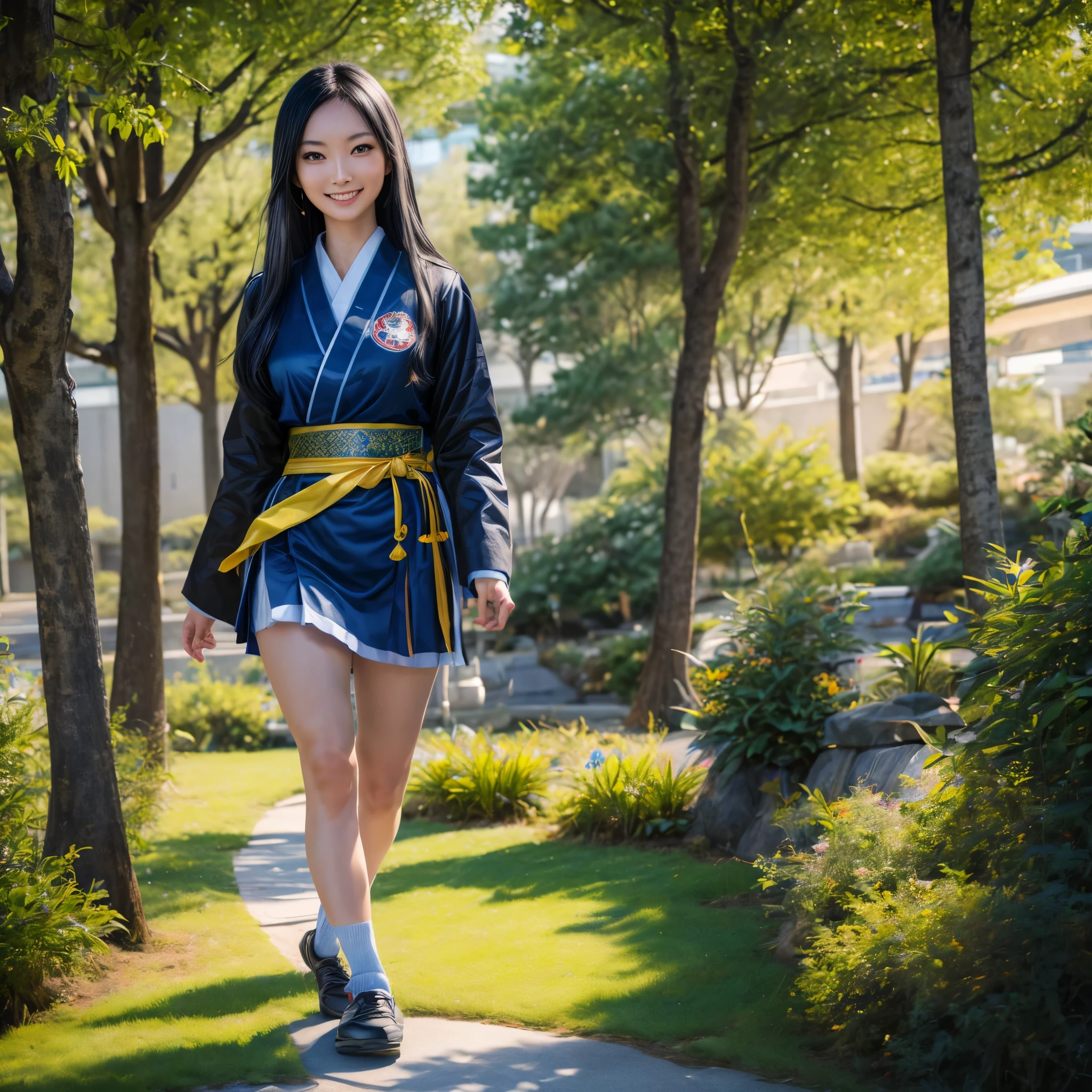 (best quality,4k,8k,highres,masterpiece:1.2),ultra-detailed, Japanese Goddess Amaterasu as a college student, Black hair, Blue academy uniform with yellow accents, walking around college campus, smiling at viewer, seducing viewer, HDR, 8k, absurdres, cinestill 800, sharp focus, add_detail:3