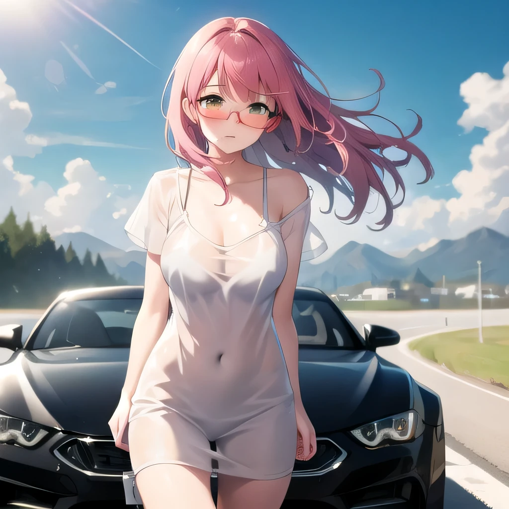 Hentai, Girl with pink hair, Yellow glasses, white transparent top, in car, the wind blows your hair, Bright picture