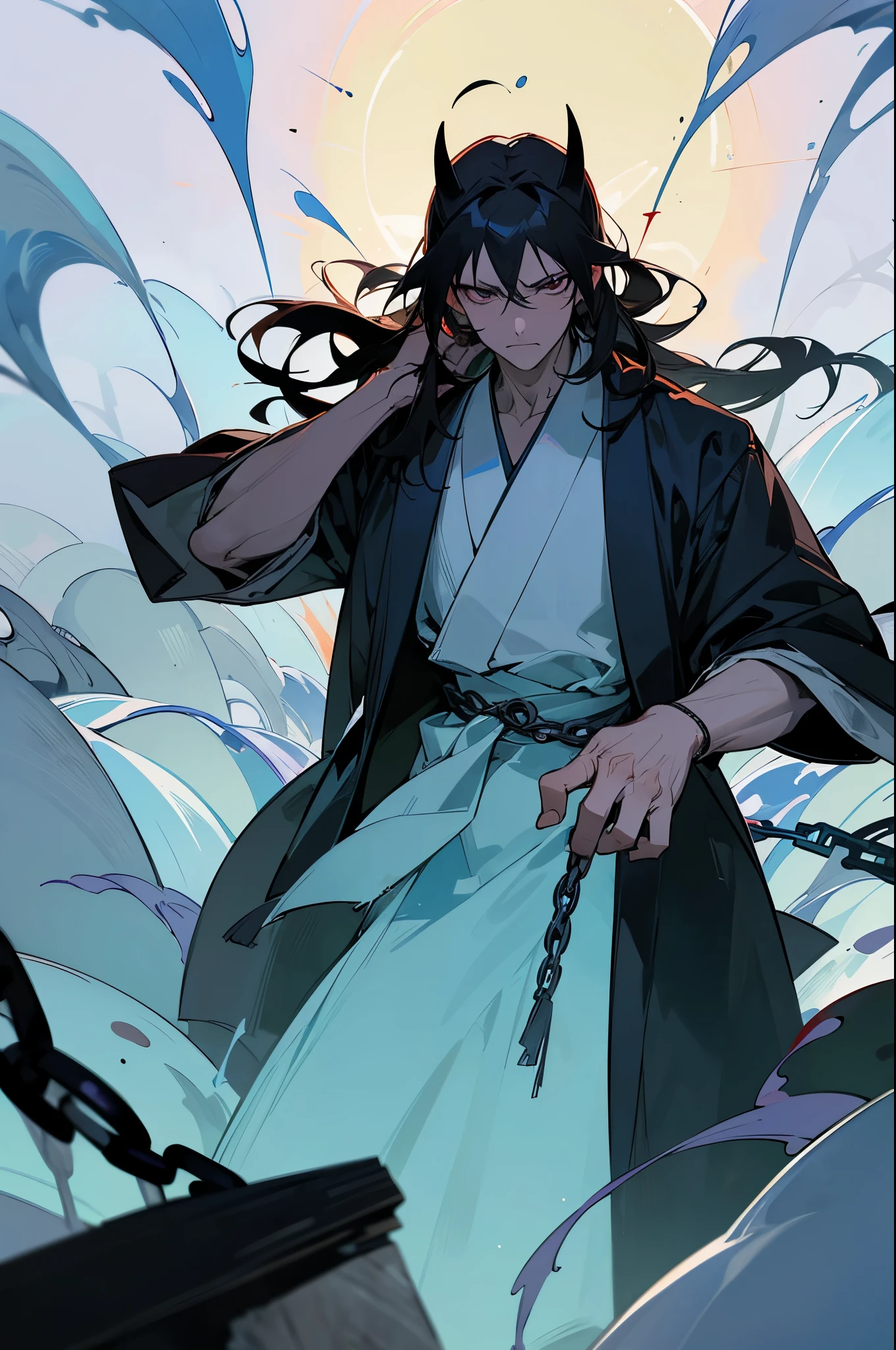 The great Toji Fushiguro is an enigmatic and powerful figure, Standing at the waterfall, surrounded by thick fog. He is chained, which seem unshakable and impossible to break. His gaze is full of cruelty and contempt, causing a powerful fear in the viewer. The great Toji Fushiguro looks like an ancient demon wearing white joggers and a black kimono on his body, The embodiment of evil and mysticism. It emits a powerful aura, which causes the air around him to tremble and create a sense of imminent danger. The peals of the waterfall and the sound of its chains add to the atmosphere of fear and tension. The great Toji Fushiguro looks directly into the eyes of the viewer, as if reading his thoughts and causing awe in the very depths of his soul. His dark eyes sparkle like living coals, reflecting infinite wisdom and sinister power. The presence of the Great Toji Fushiguro at the waterfall creates a feeling, that he is the lord of the place, the embodiment of his spirit and the unshakable power of nature. He has incredible magic, capable of plunging even the bravest and bravest into awe. The great Toji Fushiguro symbolizes the immense power of nature, which can be both beautiful and terrifying. His appearance is filled with symbolism and mystery. Runes, carved on his body and chains, keep the secrets of old magic and long-forgotten rites. The great Toji Fushiguro represents the crossroads between the human world and the spirit world, And His presence calls us to explore the depths of our own inner world. It stands near a waterfall, which is a symbol of strength, revival and overcoming obstacles. The sound of falling water and thick fog, surrounding the Great Toji Fushigurō, create the impression of incomprehensible mysticism and power, which is hiding in this place. The great Toji Fushiguro evokes mixed feelings in us - fear and admiration, Horror and delight. It reminds us of, that there are depths within us, that we must explore and accept, To unleash our true potentia