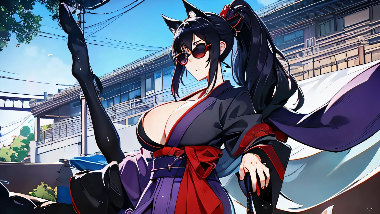 1 girl , alone ,Taisho Modern、big cleavage、headphone , greenish black hair、ponytail、fox ears、blue eyes、sunglasses、Dark purple kimono、red hair ornament、light purple long hakama、black coat、leather boots、 headphones around the neck、sunglasses、flashy necklace、sexy、charm、Wet、face turns red , ride the tram
