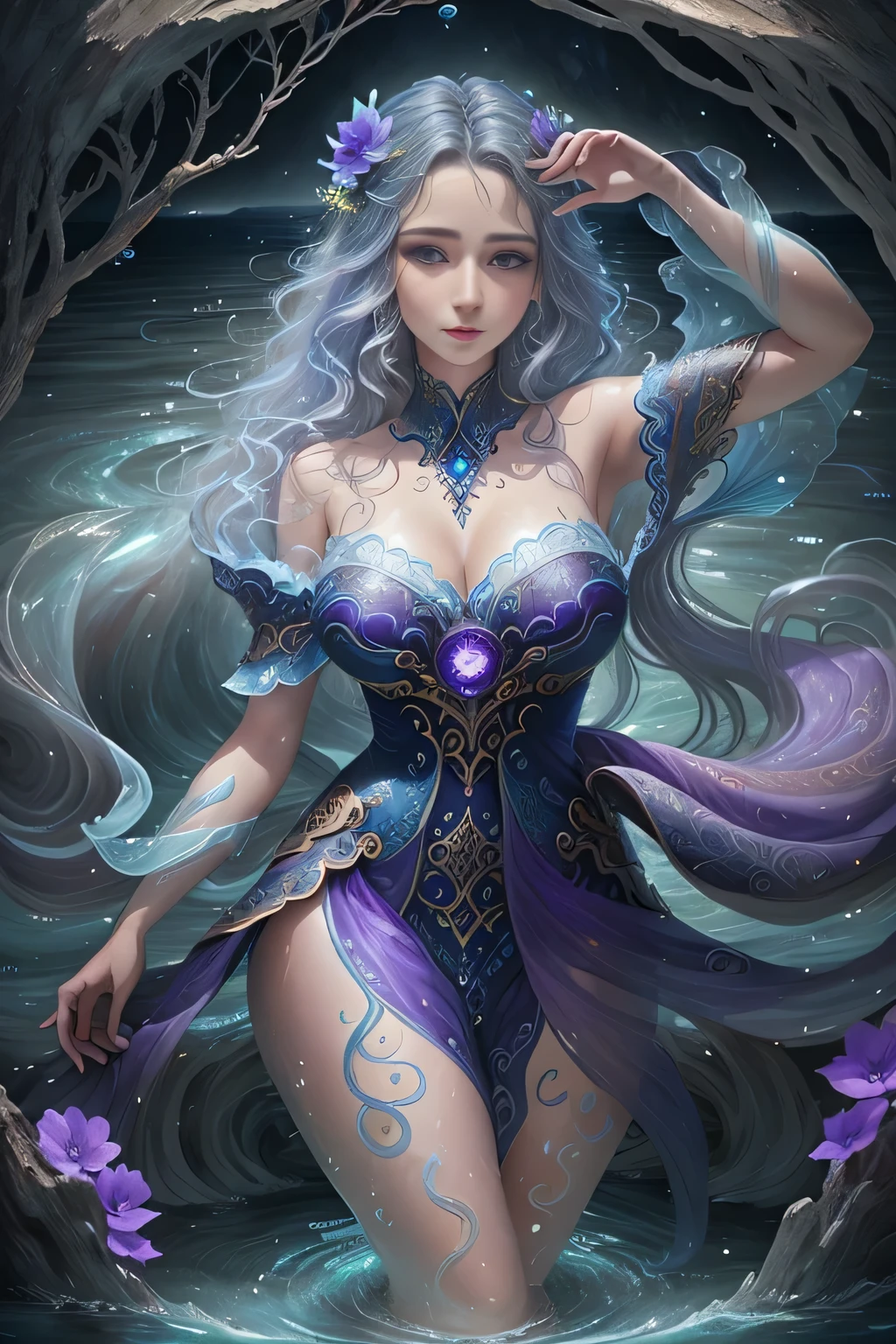 Water spirit in the form of a girl in attractive costume, born from natural rivers, lakes and seas, living in the flow and waves of water, guardian of water
It is a symbol of pure water, a source of life, and a symbol of purification and rebirth.
Have shades in harmony with nature, such as violet, golden, and transparent.
It is shaped like a stream of water or waves, and is represented like a fairy living by a beautiful waterside.
It can change its appearance depending on the flow of water.
There is a backdrop depicting beautiful rivers, lakes and the sea
Hope to protect water resources and restore clean water, detailed beautiful face and eyes, big buttocks, bright white background, simple background, seen from below, masterpiece, highest quality, highest quality, official art, beautiful aesthetic, surreal, beautiful face, healthy figure, novel and unique style, beautiful hair, smooth skin, baby face