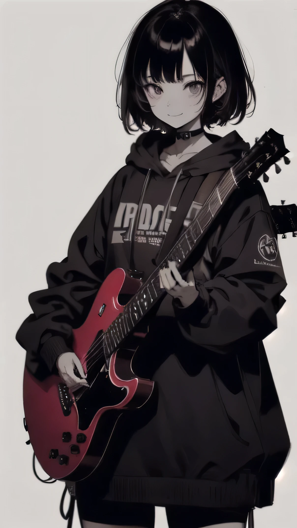 1 girl, (Super detailed, High resolution, super detailed, highest quality, wonderful, highest quality, 高精細CG Unity 8K), pretty girl, smile, she has a guitar, 大きなsmile, very cute, wearing a hoodie, (Private clothes without logo), full body, simple background, (monochrome)