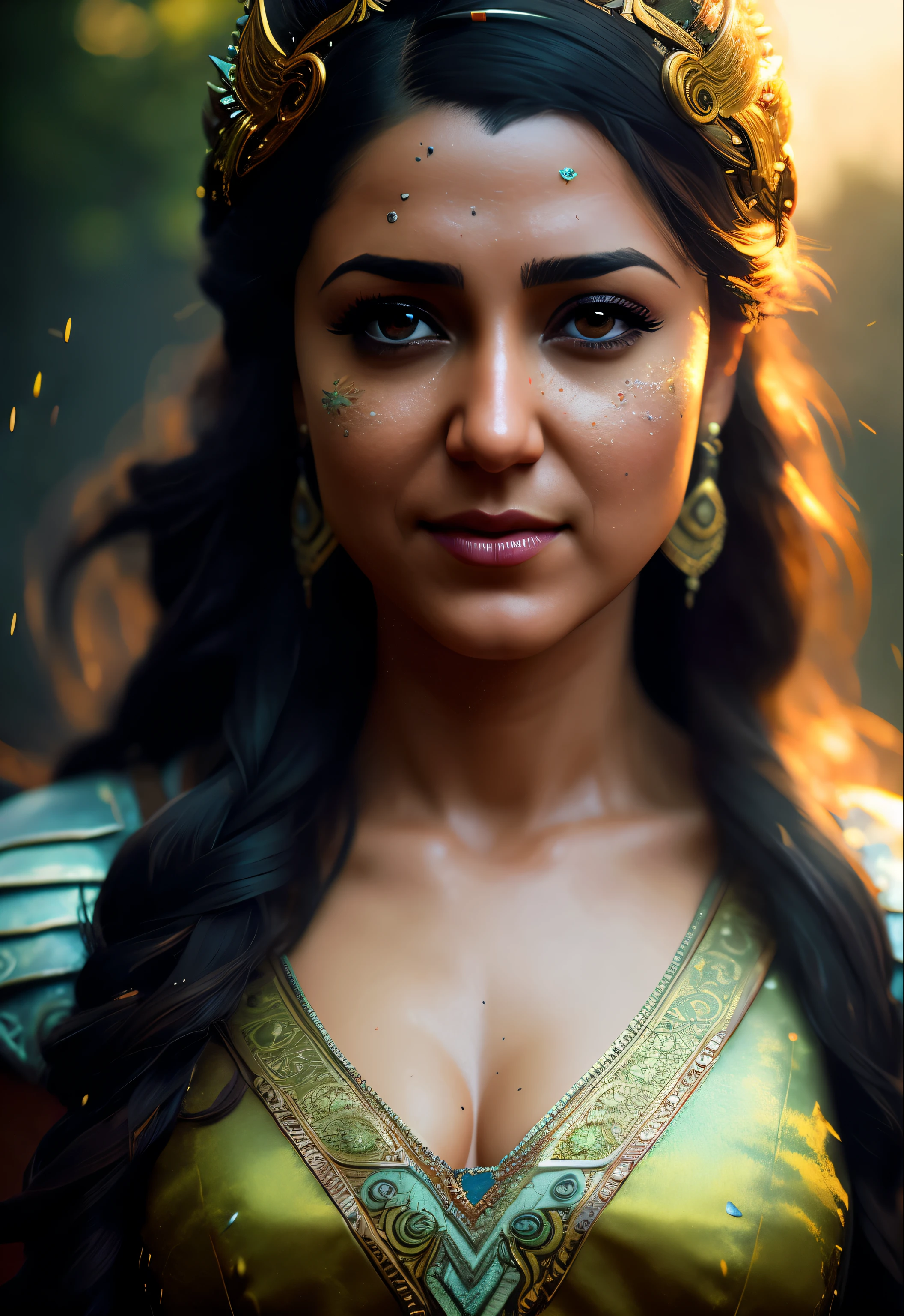 Looks like Nayanthara, Realistic role-playing face portrait painting of a beautiful rpg champion, pastel color, intricate details, fantasy, universe, intricate magical embroidery, very detail hair, very detail eyes, intense face, [elden ring|d &amp; d] concept art, rpg portrait, octane render, cinematic lighting, (soft shadow:1.2), close up, depth of field, splash art, art by wlop and, greg rutkowski