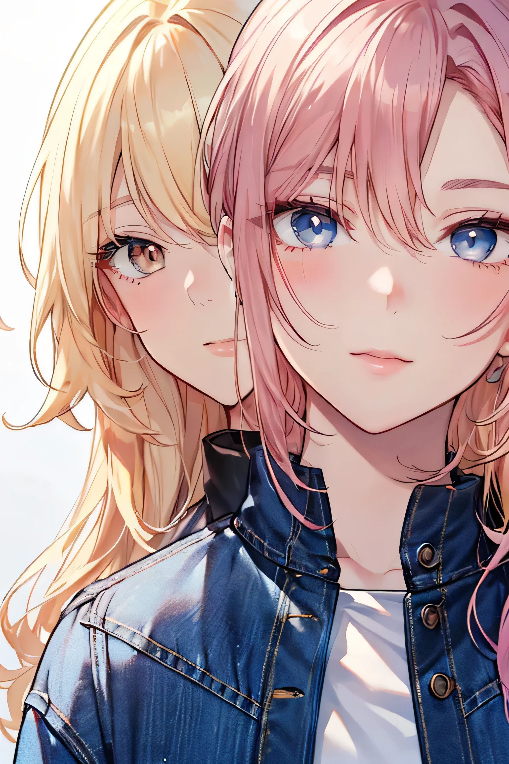 (Ultra HD, obra de arte, pele texturizada, Super detalhes, detalhes altos, alta qualidade, Melhor qualidade), rosto detalhado, 2 Personagem feminina, mulheres bonitas e maduras (Personagem 1: cabelo rosa, olhos azuis, Wearing a white blouse and jeans ) & ((personagem 2 garota com cabelos loiros e olhos castanhos, usando blusa preta, jaqueta e jeans)