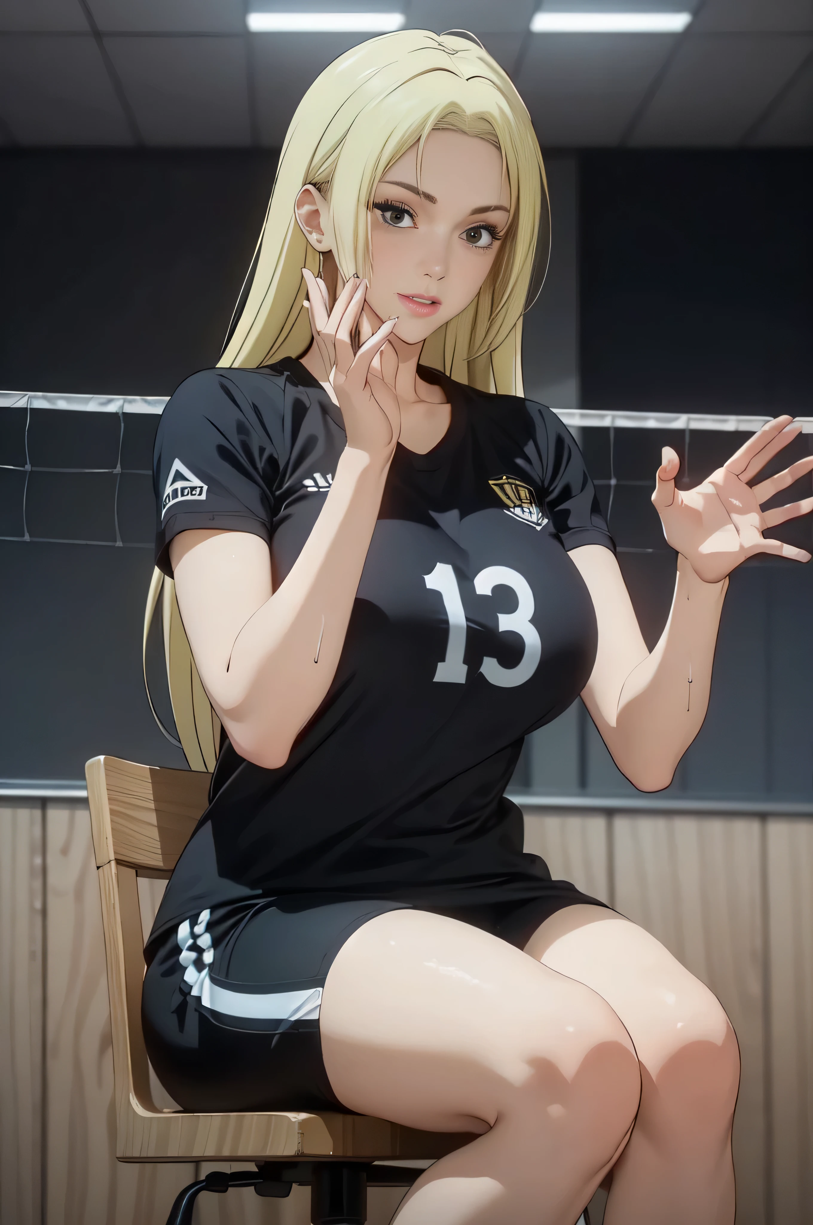 ((masterpiece, Best Quality, high resolution, Perfect Pixel, 8K))), 1 girl、slim thighs、full body seen、 ((Bangs、gorgeous blonde hairs、Long beautiful blonde hairs))、((Gorgeous black eyes、Beautiful eyelashes、Realistic eyes))、 ((Detailed face, Blushing:1.2))、((Smooth texture:0.75, Realistic texture:0.65, Photorealistic:1.1, Anime CG style))、Dynamic Angle、Perfect body、(Women Sports shorts、perfectly insanely detailed eyes、Background volleyball court、Volleyball uniform)、Perfect realistic representation of face、(no-bra)、sitting on a chair、(beautiful portrait、very High quality、towel rolled、ultra high definition、 insanely detailed face、ultra high quality、ultra high clarity、best quality)、insanely detailed dress、looking somewhere、realistic representation of a face、curvy body、shoes、white skin、Waving her hairs、sweaty uniform、glistening sweaty body、best image quality、best clarity、 highest resolution、8k resolution、ultra high resolution、beautiful smile、beautiful eyelashes、beautiful face、gorgeous representation of a face、curvy body、perfect body、full body posture、erect through、erotic face、glistening sweat、dynamic lightning、perfect body、dynamic lightning、 (innocent_big_eyes:1.0)、Bright_Front_face_Lighting、seen from front、shiny skin、bokeh:1.2、Full body shot、professional photograph、(Beautiful,large_Breasts:1.4)