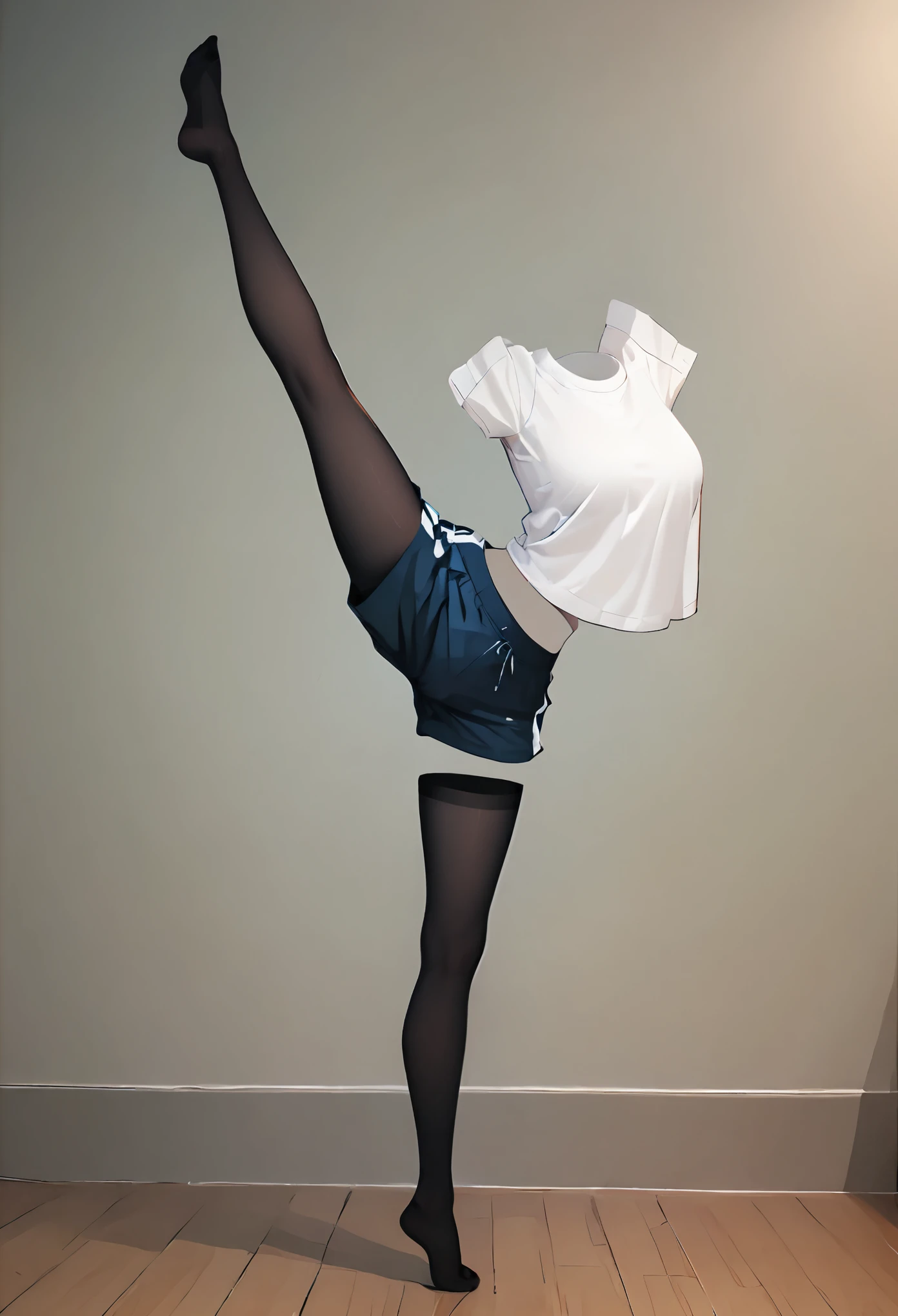 nobody,(masterpiece, best quality:1.2), 1girl, solo,standing_split,white turtleneck sweater,sports shorts,pantyhose
