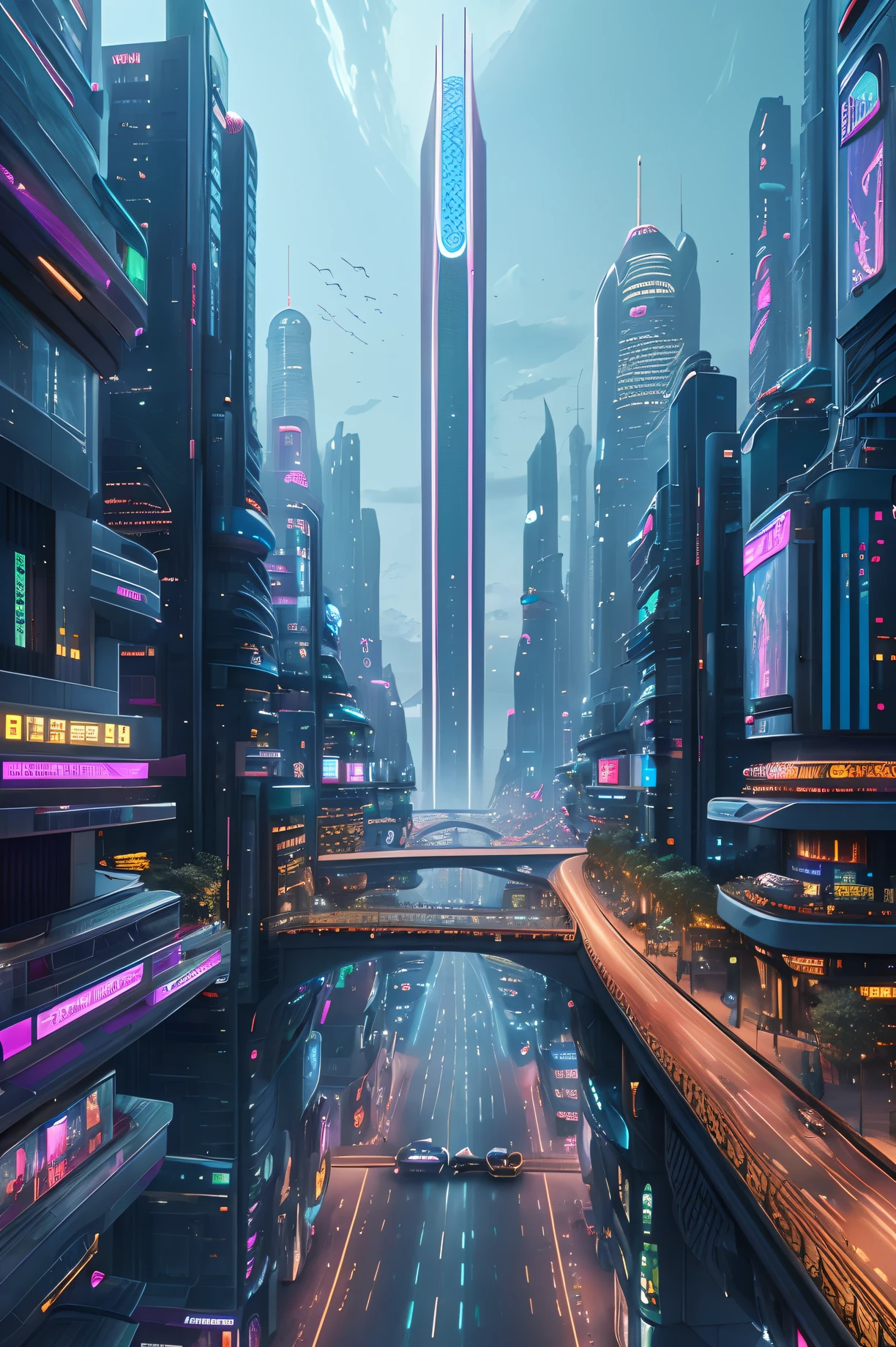 (ciudad futurista:1.2), (ciudad de shambala), Arquitectura avanzada, calles bulliciosas, jardines verticales, high-tech skyscraper, sistema de transporte futurista, flying vehicles, plataformas flotantes, technology driven society, neon lights, holographic displays, energetic atmosphere, colores vibrantes, elegant designs, fachadas de vidrio, mercados bulliciosos, sistemas avanzados de inteligencia artificial, clean energy sources, infraestructura sostenible, efficient public transport, pasarelas elevadas, aerial views, horizonte expansivo, innovative urban planning, perfect integration of nature and technology, architectural wonders, smart city technology, servicios automatizados, avances de vanguardia, Harmonious coexistence between humans and machines., utopian vision.