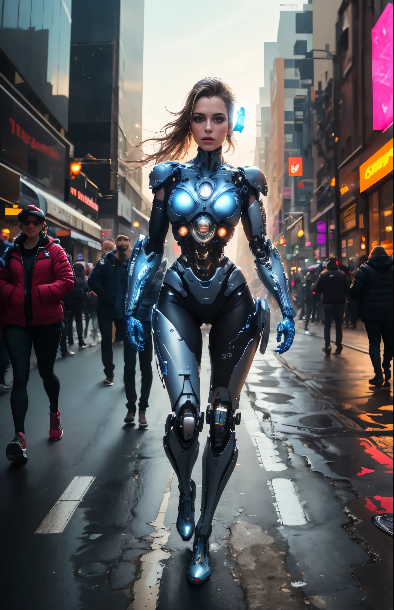 Female cyborg walking down the street in a crowd of people in the big city, defile show, high quality, best quality, absurdres, masterpiece, beautiful, intricate details, 1/2 body crop, slim body, beautiful figure, magnificent anatomy, (intricate details:1.12), HDR, (intricate details, hyper-detailing:1.15), (natural skin textures, hyper realisitc, soft light, Sharp:1.2)