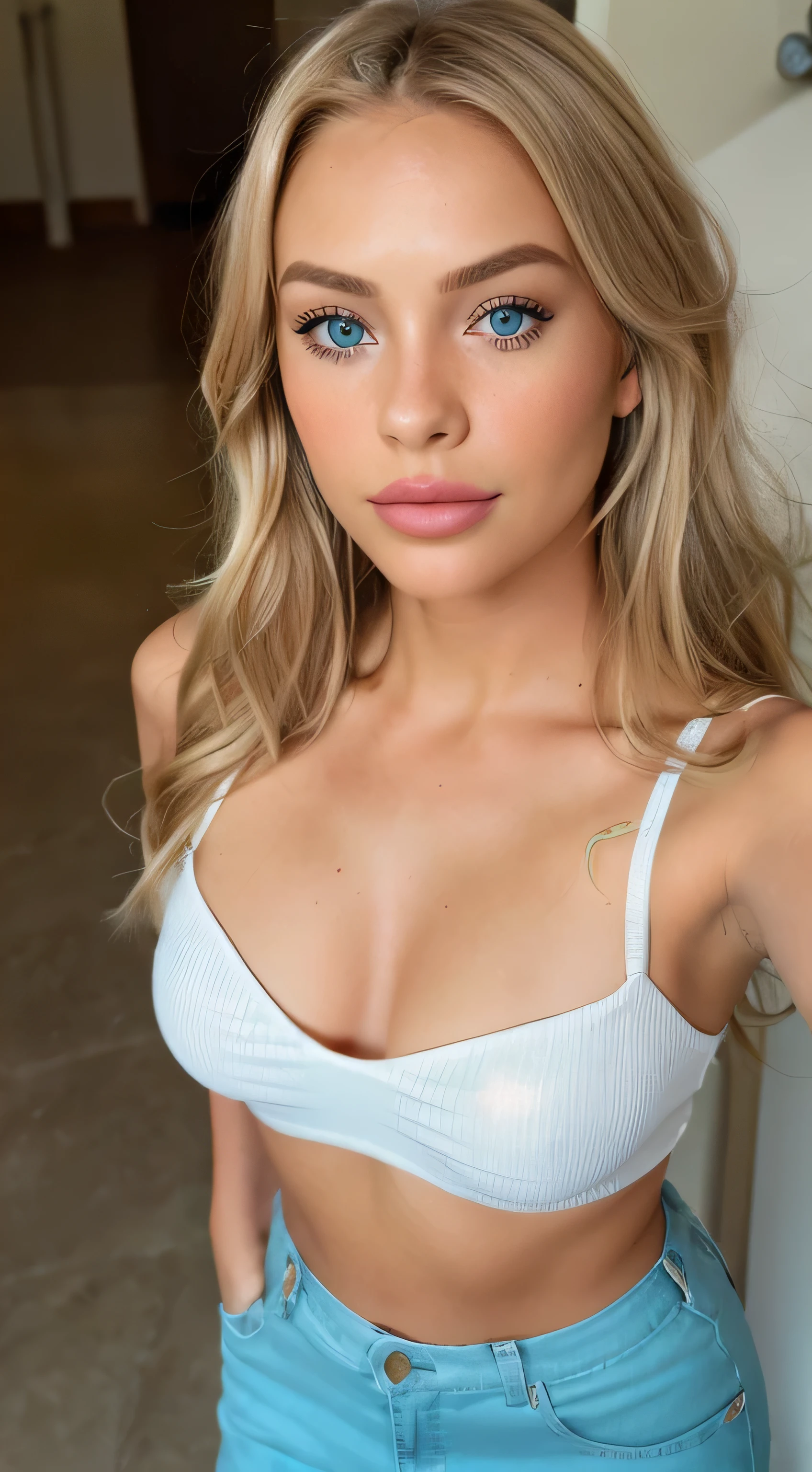 (selfie, top view: 1.4), a bit of distance away from camera, (straight half of the body: 1.4), RAW UHD portrait photo of a 23-year-old blonde (blue-eyed woman) walking with blonde hair at home during the day time, (casual pants), (neckline), details (textures! , hair! , glitter, color!! , disadvantages: 1.1), glossy eyes with high detail (looking at the camera), SLR lighting, SLR camera, ultra-quality, sharpness, depth of field, film grain (center), Fujifilm XT3, crystal clear, frame center, beautiful face, sharp focus, detailed skin pores, oily skin, sunburn, complex eye details, full body, fuller lips