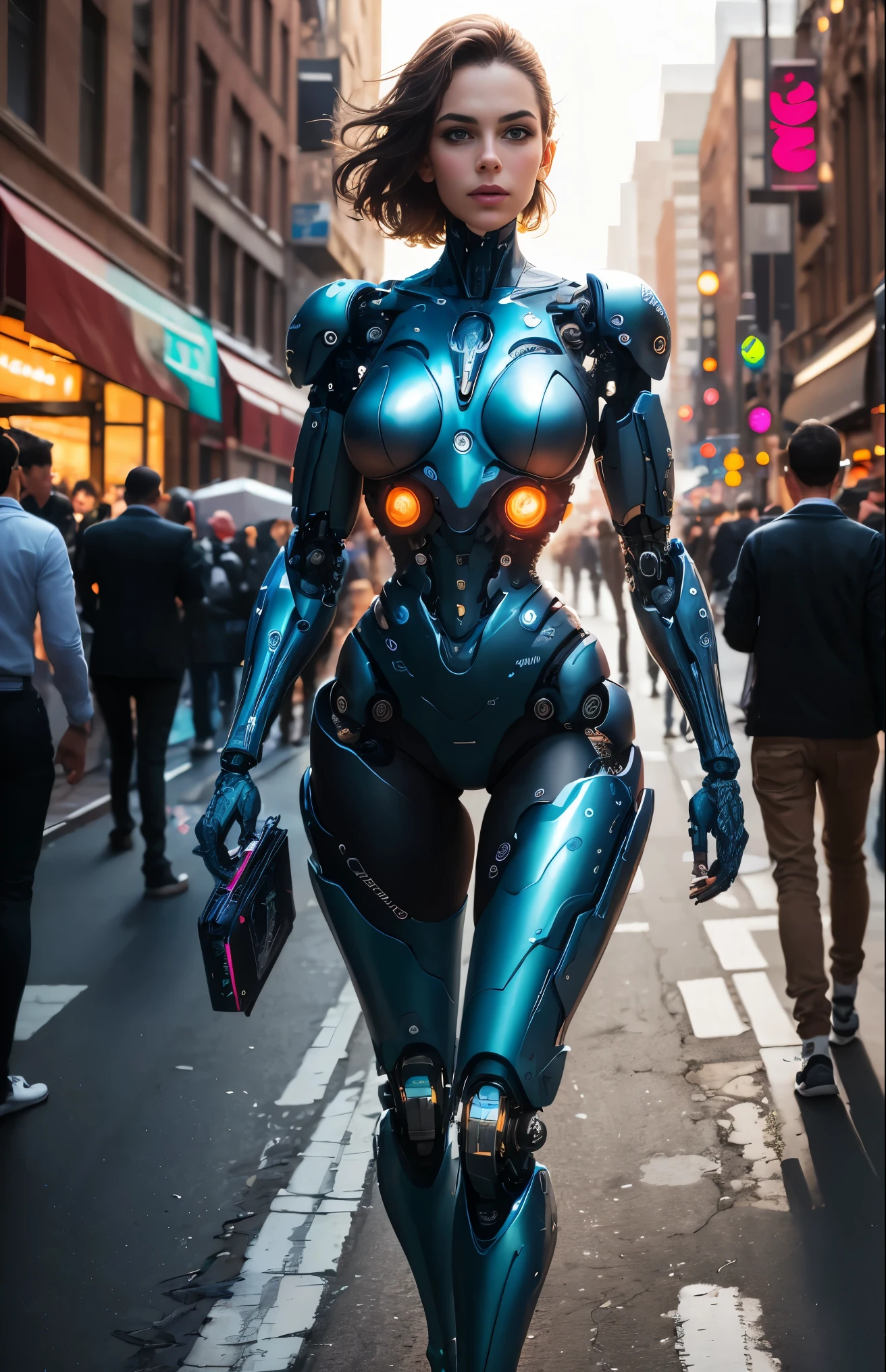 Female cyborg walking down the street in a crowd of people in the big city, defile show, high quality, best quality, absurdres, masterpiece, beautiful, intricate details, 1/2 body crop, slim body, beautiful figure, magnificent anatomy, (intricate details:1.12), HDR, (intricate details, hyper-detailing:1.15), (natural skin textures, hyper realisitc, soft light, Sharp:1.2)