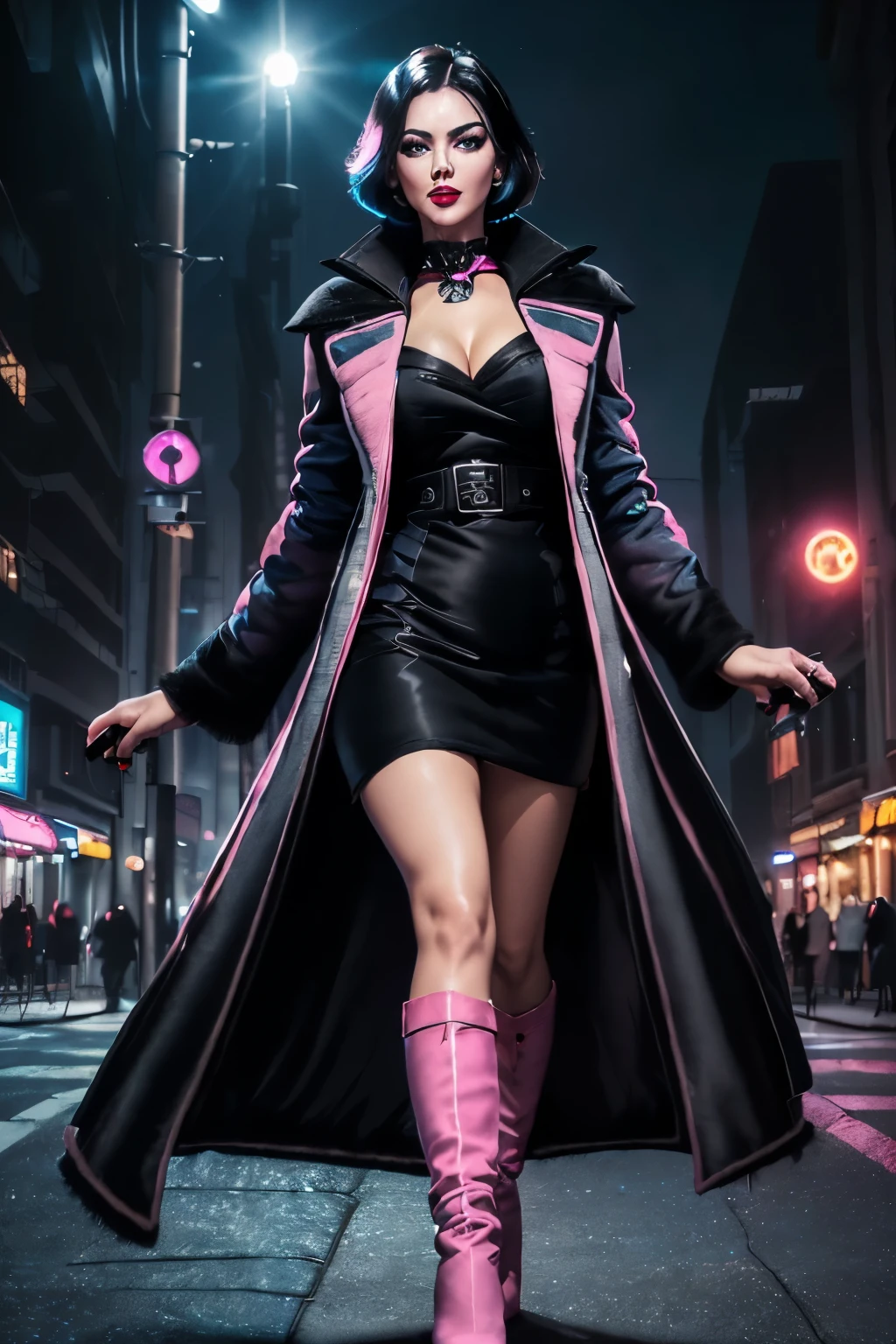 gwen tennyson,yorha 2b,mara jade,mordred, samus aran,overwatch,atelier ryza,close up,yakuza mansion,yakuza tattoos,royal purple and pink plugsuit,white short sleeve formal wear top,floral formal vest,red formal tie,royal purple short sleeve formal wear blazer,black and royal purple formal leggings,short punk hair,punk makeup,green eyes,multicolored silver hair,cyberpunk gloves,cyberpunk armor,sexy smile,freckles,beautiful girl,cyberpunk high heels,large breasts,8k,ultra detailed,realistic,fantasy art,hair pin,ear piercings,(weather:rainy),1girl,yakuza neck and head jewelry,cyberpunk katana,
