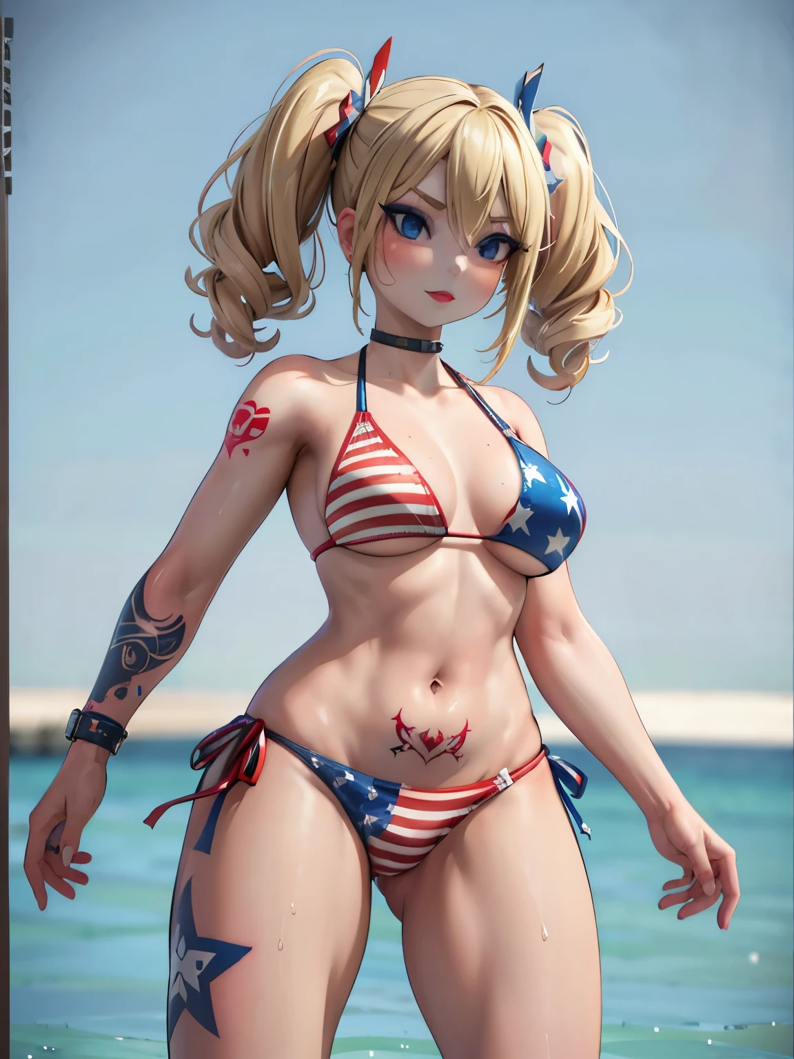 1girl ,3d ,american flag ,american flag bikini ,ass ,bikini ,blonde hair ,blue eyes ,breasts ,eyeshadow ,flag print ,large breasts ,lipstick ,makeup ,nail polish ,navel ,pubic tattoo ,queen of spades symbol ,solo ,spade tattoo ,swimsuit ,tattoo ,thighs ,twintails