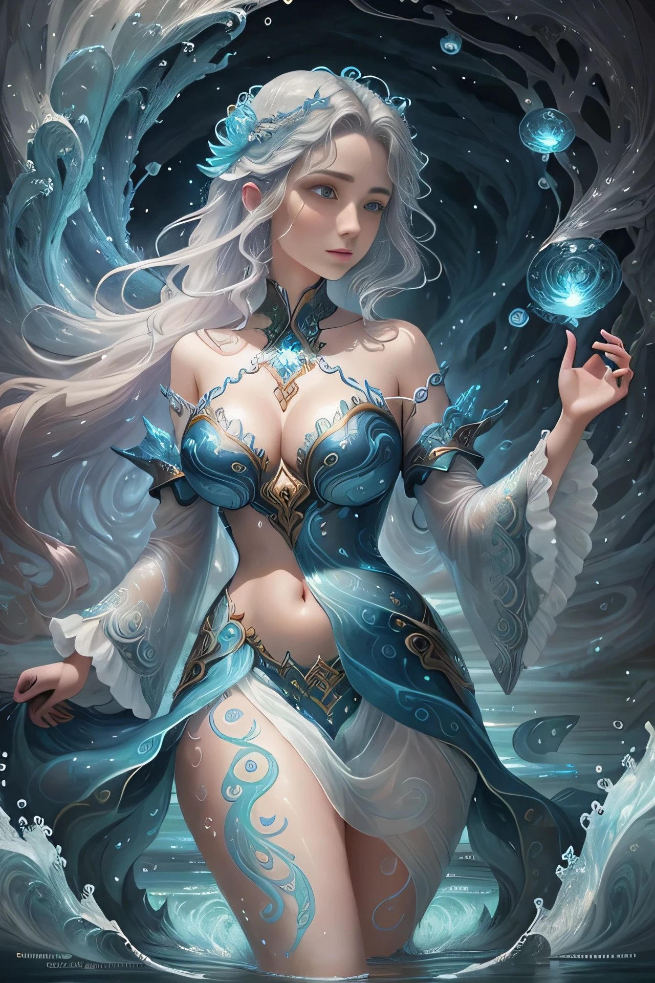 Water spirit in the form of a girl in attractive costume, born from natural rivers, lakes and seas, living in the flow and waves of water, guardian of water
It is a symbol of pure water, a source of life, and a symbol of purification and rebirth.
Have shades in harmony with nature, such as blue, light blue, and transparent.
It is shaped like a stream of water or waves, and is represented like a fairy living by a beautiful waterside.
It can change its appearance depending on the flow of water.
There is a backdrop depicting beautiful rivers, lakes and the sea
Hope to protect water resources and restore clean water, detailed beautiful face and eyes, big buttocks, bright white background, simple background, seen from below, masterpiece, highest quality, highest quality, official art, beautiful aesthetic, surreal, beautiful face, healthy figure, novel and unique style, beautiful hair, smooth skin, baby face