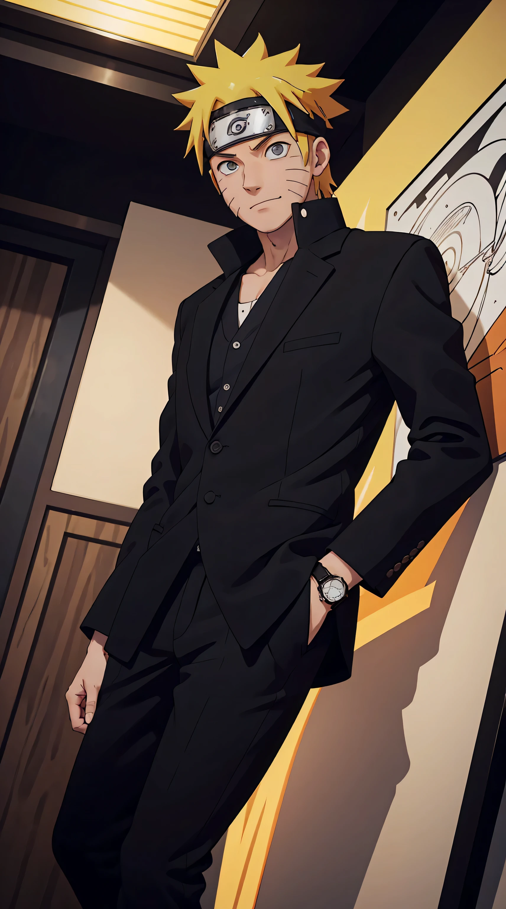 Naruto Uzumaki, wearing formal clothes, black blazer, black trousers, wearing a watch, was at a luxurious party, the lighting was perfect, looking at the viewer, a slight smile, realism, masterpiece, textured leather, super detail, high detail, high quality, best quality, 1080p, 16k
