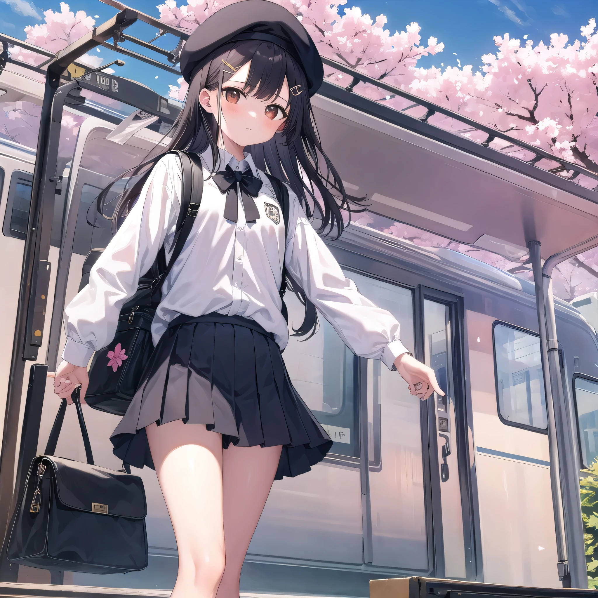 1 girl, alone, looking at the viewer, blush, bangs, skirt, black hair, long hair ornament, long sleeve, have, brown eyes, closed mouth, Are standing, white shirt, flower, pleated skirt, outdoor, null, Day, hair clip, collared shirt, cloud, hair flower, black skirt, bag, vest, wood, blue null, flowerびら, black hat, beret, Backpack, cherry blossoms, ground vehicle, pink flower, retention strap, train, train station, Railway tracks、Uekara