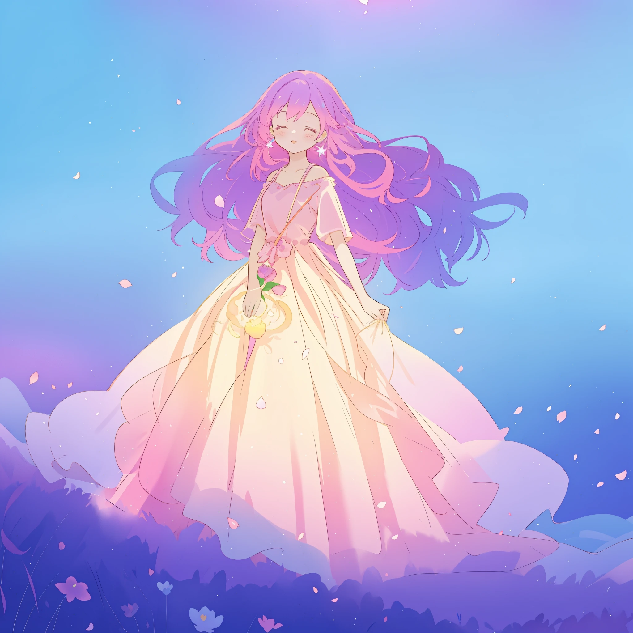 beautiful girl in gradient layered ballgown dress, long flowing purple pink hair, colorful fantasia background, watercolor illustration, disney art style, glowing aura around her, glowing lights, beautiful digital illustration, fantasia otherworldly landscape plants flowers, beautiful, masterpiece, best quality, anime disney style