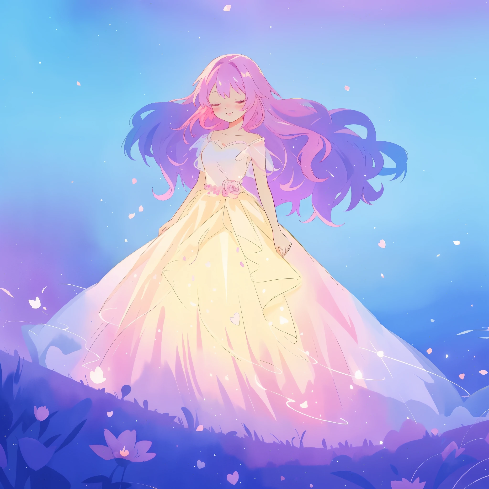 beautiful girl in gradient layered ballgown dress, long flowing purple pink hair, colorful fantasia background, watercolor illustration, disney art style, glowing aura around her, glowing lights, beautiful digital illustration, fantasia otherworldly landscape plants flowers, beautiful, masterpiece, best quality, anime disney style