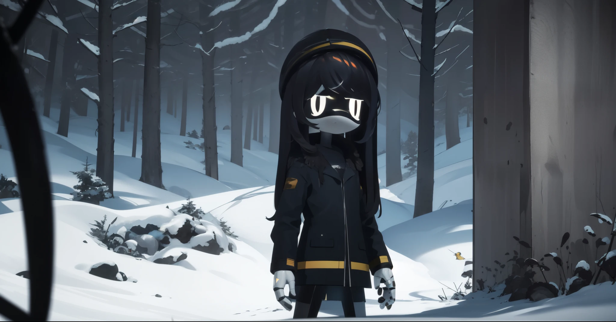 (8k uhd, masterpiece, best quality, high quality), upper body, killer drone boy, N, android, dark hair, long hair, , long dark shoulder-length hair, white eyes, doll joints, glowing eyes, black leather clothing, standing looking at viewer with a XD expression. standing, sad, hunched over, sunken eyes, bunker style, frozen, in a bunker with blue and gray colors