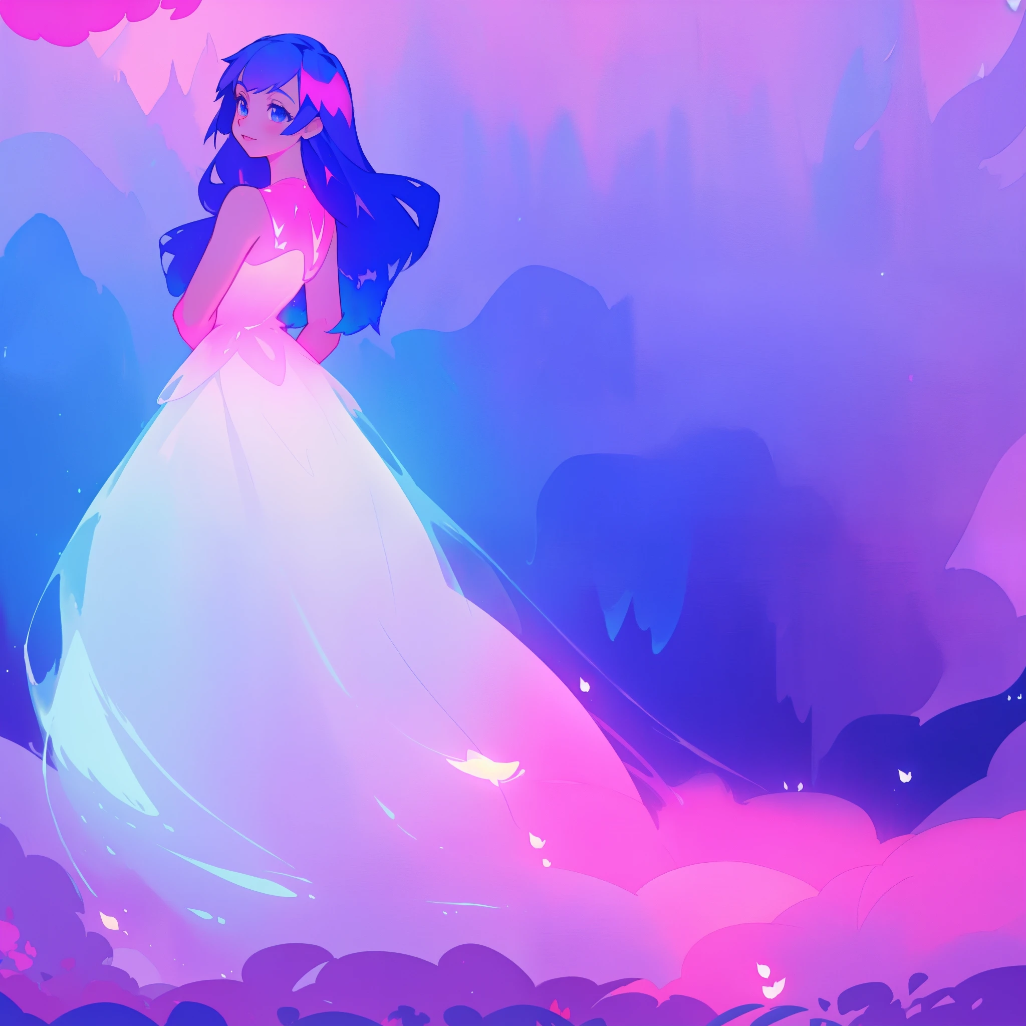 beautiful girl in glowing gradient layered ballgown, long flowing dark blue purple hair, colorful fantasia background, watercolor illustration, disney art style, glowing aura around her, glowing lights, beautiful digital illustration, fantasia otherworldly landscape plants flowers, beautiful, masterpiece, best quality, anime disney style