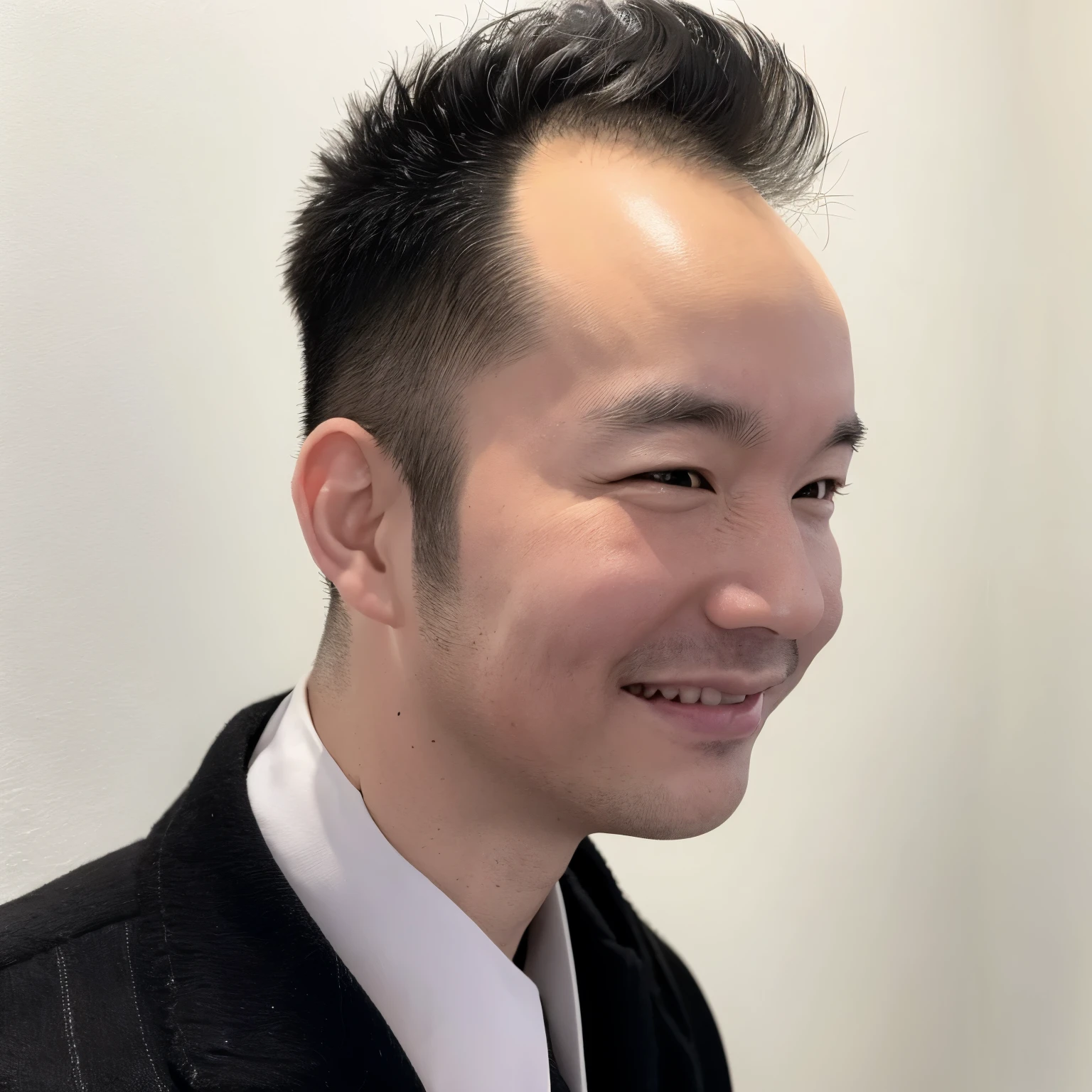 solo, looking at viewer, smile, simple background, shirt, black hair, 1boy, white background, closed mouth, jacket, white shirt, upper body, male focus, necktie, striped, collared shirt, black eyes, black jacket, formal, suit, portrait, blue necktie, realistic、high nose