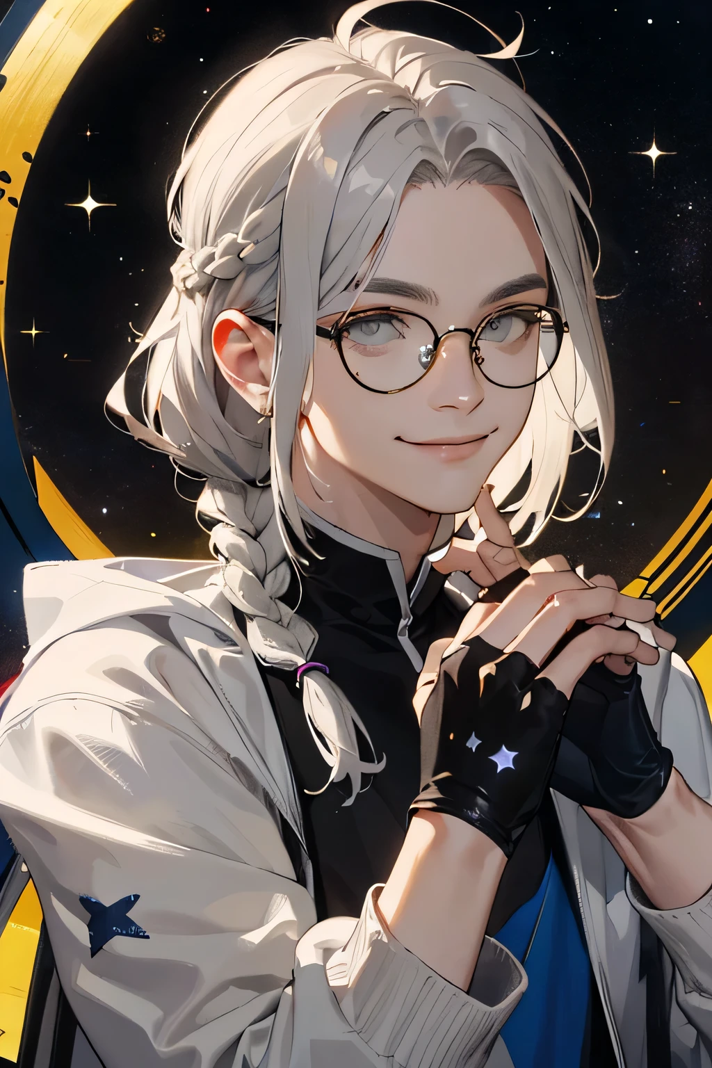 (absurdres, highres, ultra detailed), 1man, handsome, finely detailed eyes and detailed face, smile, pale skin, detailed eyes, elegant, ((elegant)), ((feminine guy)), long bangs, detailed hands, (((1 young guy))), ((ash hair)), (((hair pulled back into one long, loose, messy braid))), star pattern clothes, ((Round glasses)), (((grey eyes))), soft smile, kind smile, space background, stars, Tight clothes, fingerless gloves, (((very detailed eyes))), beautiful eyes, masterpiece, Best quality