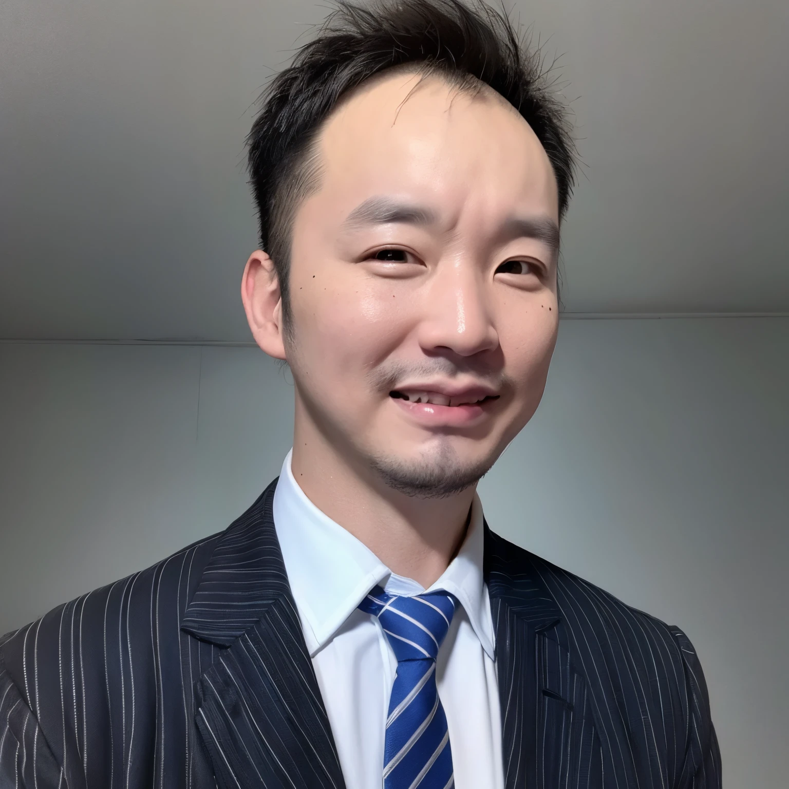 solo, looking at viewer, smile, simple background, shirt, black hair, 1boy, white background, closed mouth, jacket, white shirt, upper body, male focus, necktie, striped, collared shirt, black eyes, black jacket, formal, suit, portrait, blue necktie, realistic、high nose