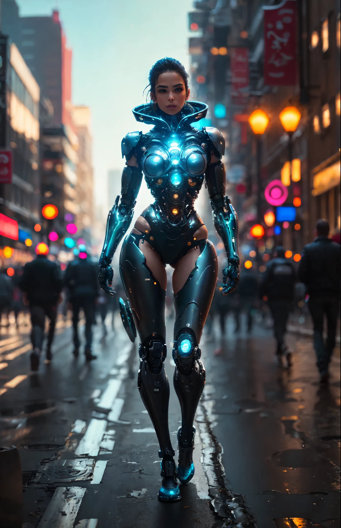Female cyborg walking down the street in a crowd of people in the big city, defile show, high quality, best quality, absurdres, masterpiece, beautiful, intricate details, 1/2 body crop, slim body, beautiful figure, magnificent anatomy, (intricate details:1.12), HDR, (intricate details, hyper-detailing:1.15), (natural skin textures, hyper realisitc, soft light, Sharp:1.2)