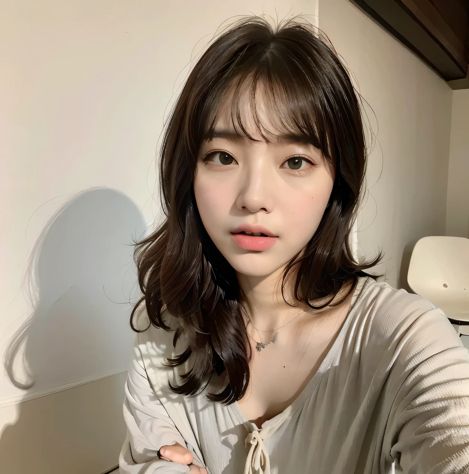 there is a woman sitting down with a cell phone in her hand, heonhwa choe, with short hair, ulzzang, korean girl, jinyoung shin, sun yunjoo, lee ji-eun, lee ji - eun, gorgeous young korean woman, beautiful young korean woman, beautiful south korean woman, jaeyeon nam, young adorable korean face, with bangs