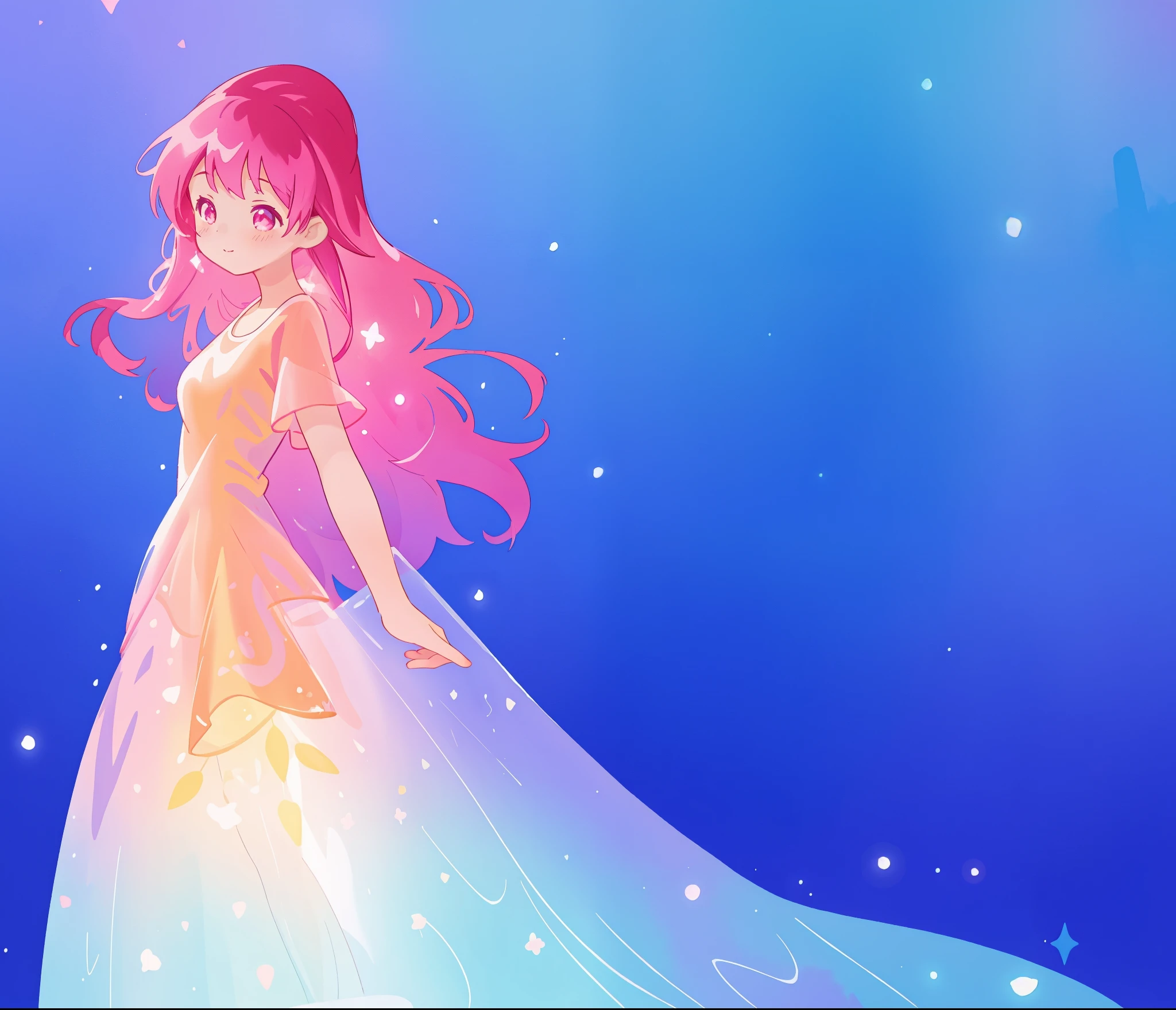 beautiful girl in sparkling flowing gradient layered liquid dress, long flowing dark pink hair, colorful fantasia background, watercolor illustration, disney art style, glowing aura around her, glowing lights, beautiful digital illustration, fantasia otherworldly landscape plants flowers, beautiful, masterpiece, best quality, anime disney style