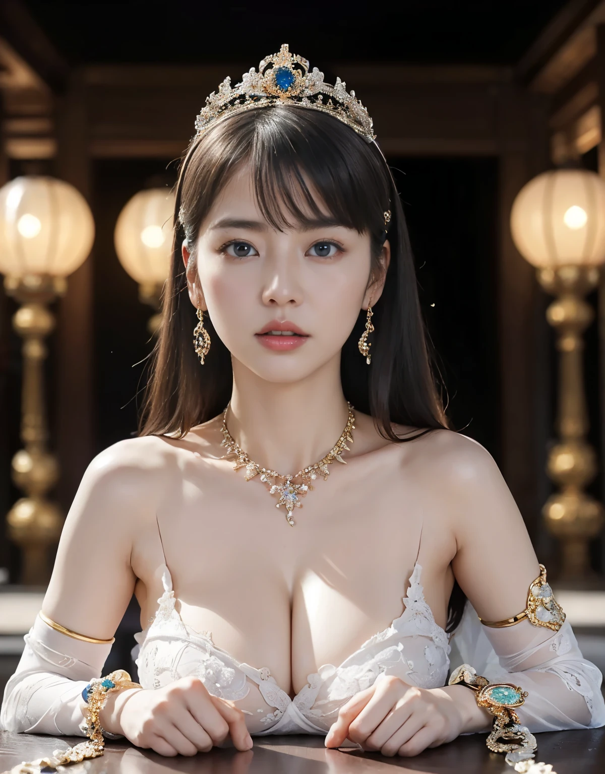 highest quality、masterpiece、超A high resolution、16K photos、(Black Dragon Armor)、(((big breasts)))、(((a large flower ornament))),(((Micro bikini with attention to detail))),(wears a beautiful crown made of precious stones),(Photoreal:1.4)、RAW photo、1 girl、(((random hair))、(((take various poses)))、glowing skin、(((white dragon)))、intricate and gorgeous hair ornaments、(Looks like a gorgeous jewelry necklace)、(whole body angle)、(fight big dragonet bikini)、((beautiful sea background)),(beautiful sea background)、((Super realistic details))、Portrait、global illumination、(sexy pose)、Shadow、octane rendering、16K、big breasts、Raw skin exposed in the cleavage、Metal、intricate decorative details、Japan details、very intricate details、blue eyes、Eyes shining towards the camera、two stock、(whole body angle)、(veil)、(((heavy big))),((she is wearing a beautiful jeweled bangle.)),