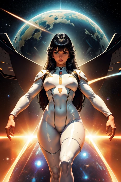 Best quality, 8K, woman space retro futurism, beautiful and detailed face, black straight long hair, bangs,big eyelashes,LOOKING TO observer,TRANSPARENT white leotard,LIGHT TAN pantyhose, sci-fi RETRO SPACESHIP scenario