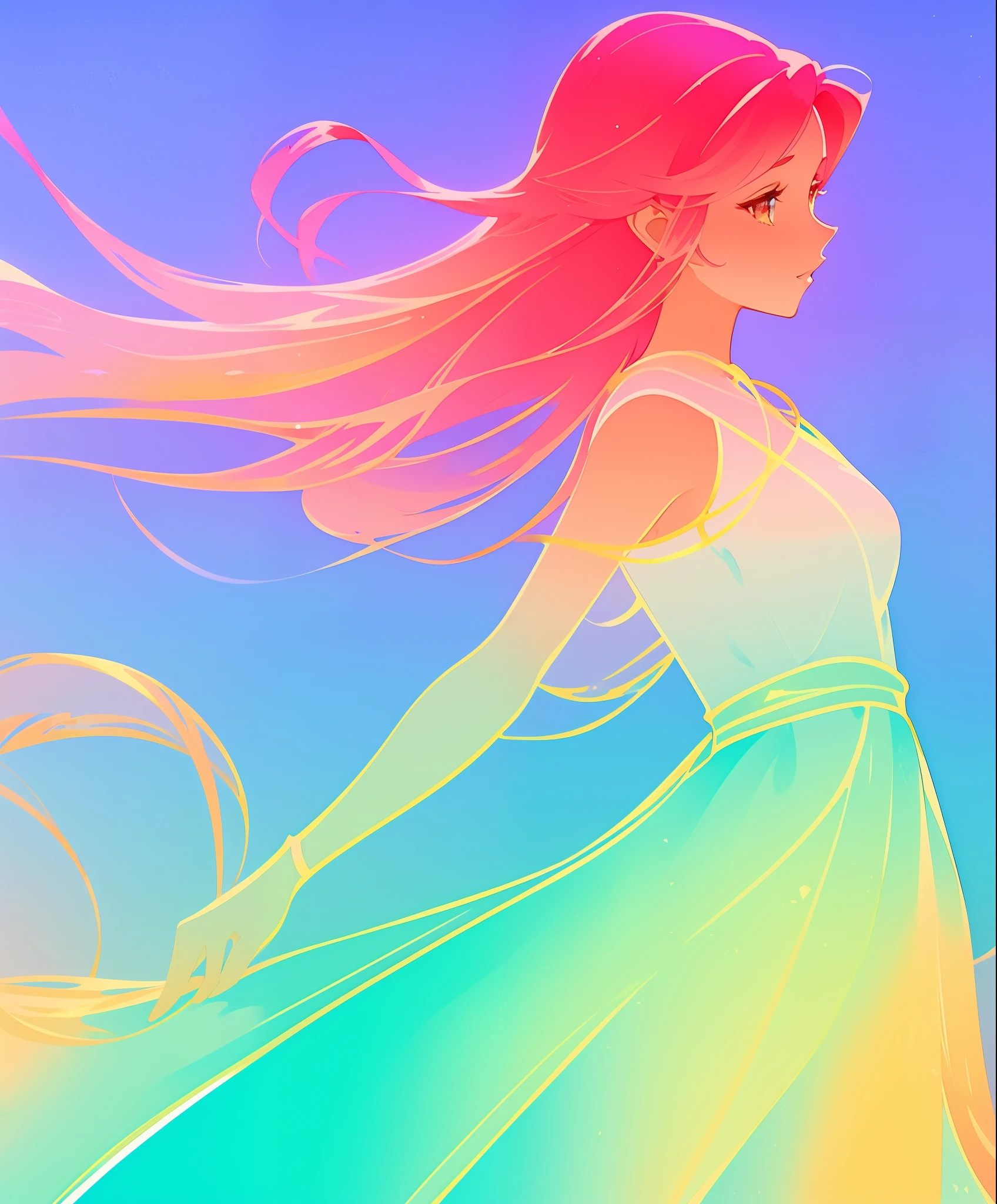 beautiful girl, (((gradient flowing simple dress))), long flowing red pink hair, colorful fantasia background, watercolor illustration, disney art style, beautiful digital illustration, beautiful, masterpiece, best quality, anime disney style, beautiful face