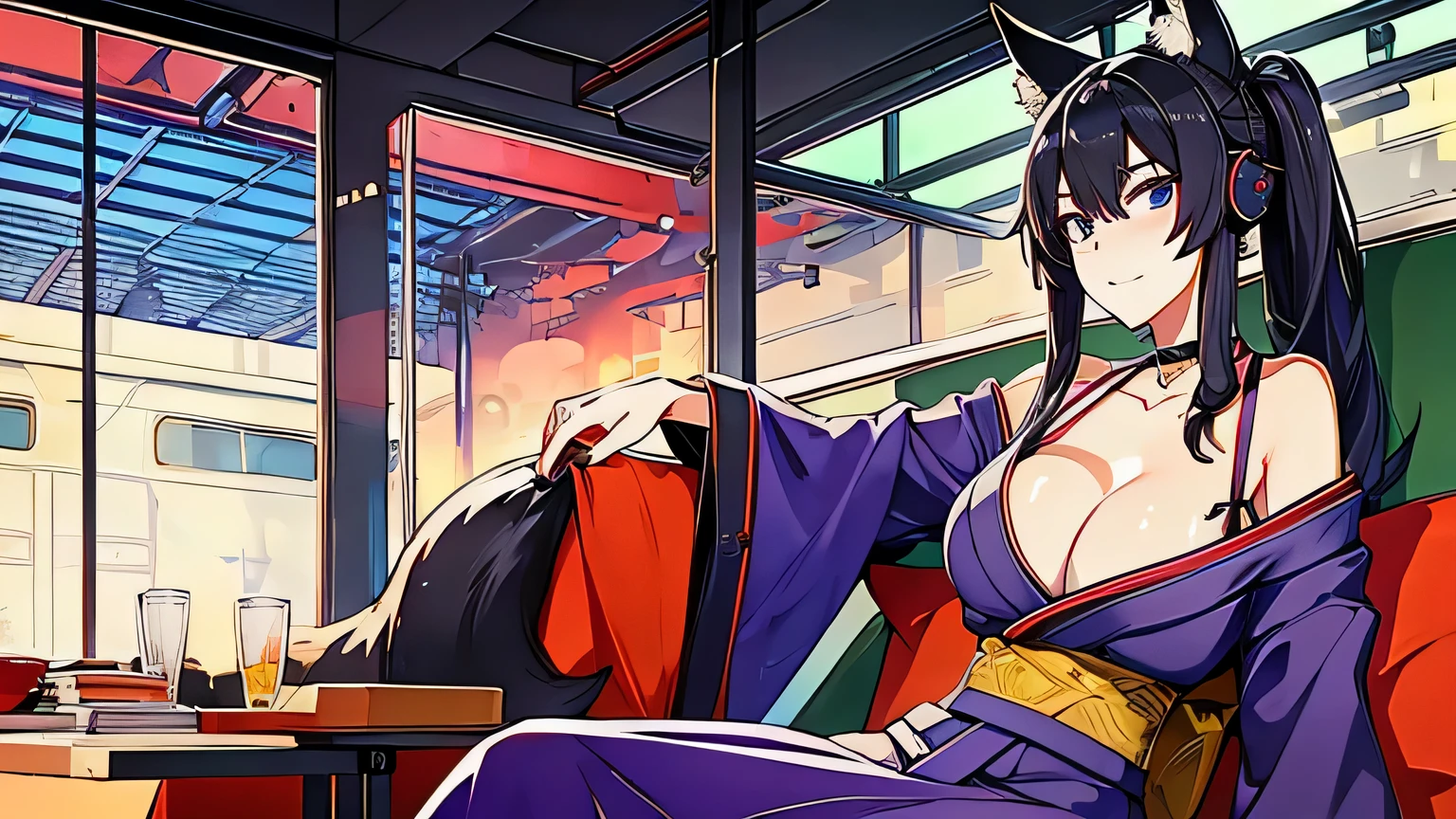 1 girl , alone ,Taisho Modern、big cleavage、headphone , greenish black hair、ponytail、fox ears、blue eyes、sunglasses、Dark purple kimono、red hair ornament、light purple long hakama、Shoulder decoration、leather boots、 headphones around the neck、sunglasses、flashy necklace、sexy、charm、Wet、face turns red , Inside the train、sitting、cyber punk