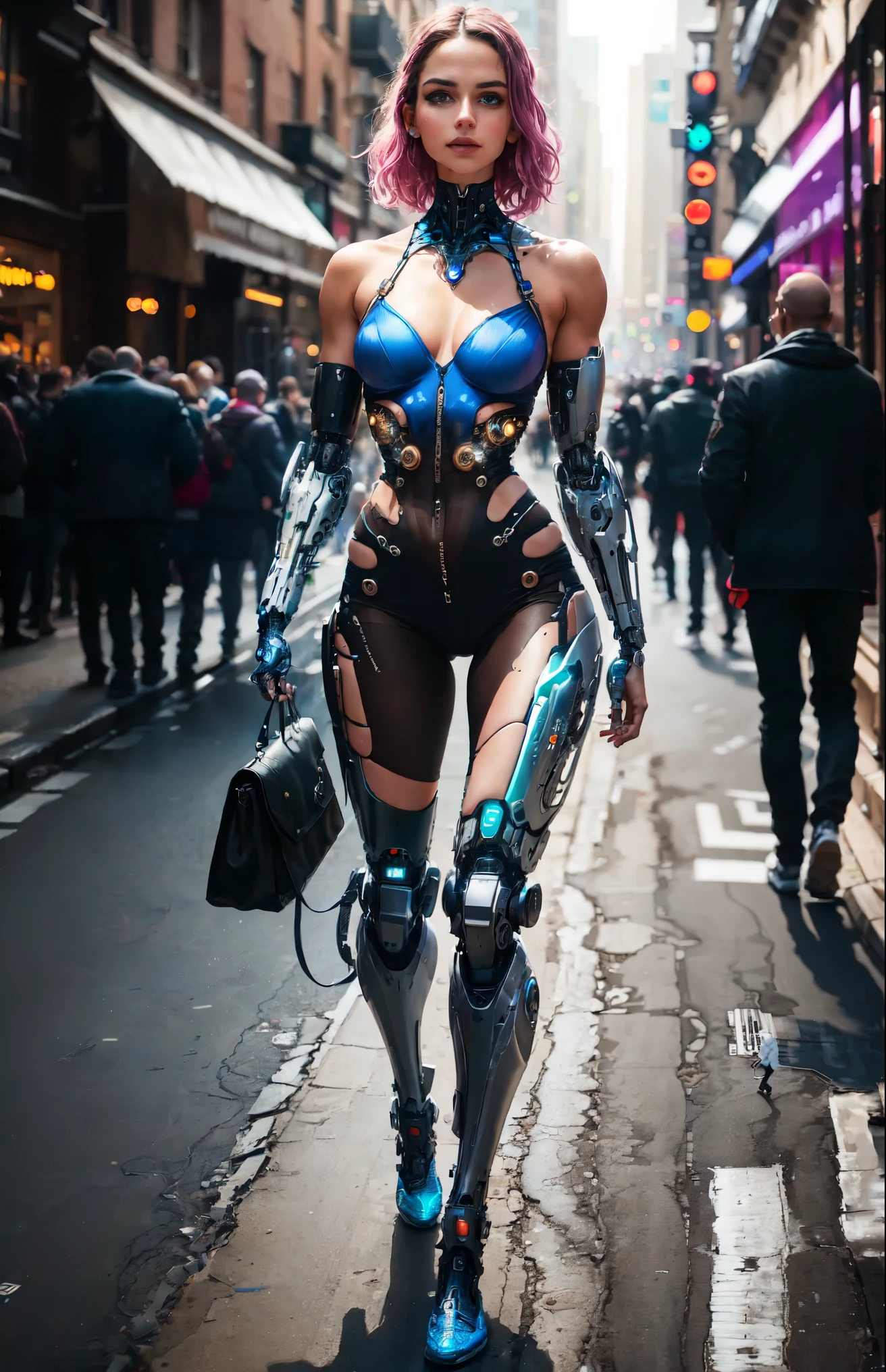 Female cyborg walking down the street in a crowd of people in the big city, defile show, high quality, best quality, absurdres, masterpiece, beautiful, intricate details, 1/2 body crop, slim body, beautiful figure, magnificent anatomy, (intricate details:1.12), HDR, (intricate details, hyper-detailing:1.15), (natural skin textures, hyper realisitc, soft light, Sharp:1.2)