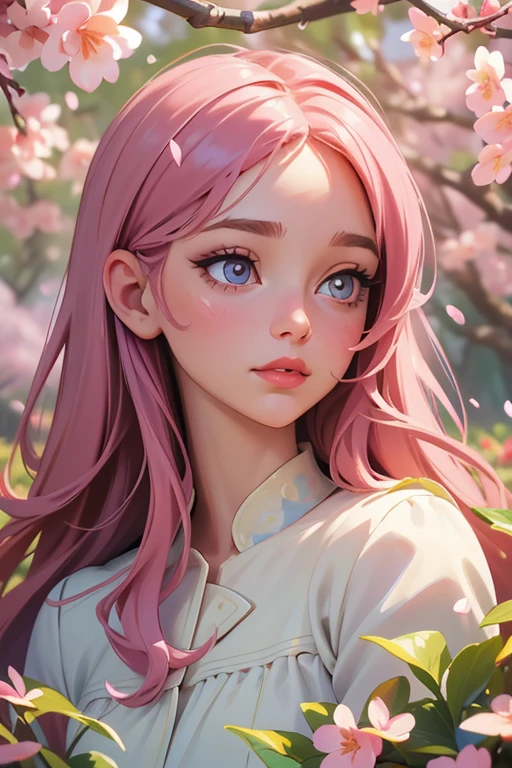 A girl in a garden, beautiful detailed eyes, beautiful detailed lips, extremely detailed eyes and face, long eyelashes, medium: oil painting, cherry blossoms, vibrant colors, soft brushstrokes, delicate petals, sunlight filtering through the trees, best quality, highres, portraits, pastel color palette, warm and gentle lighting.