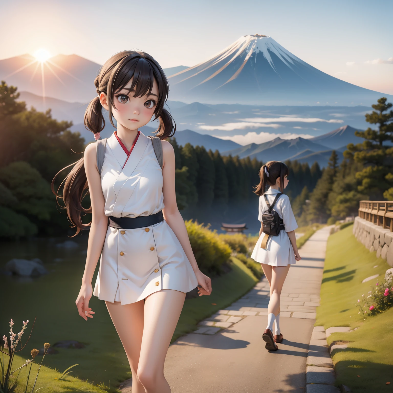 Japanese teenager, beautiful face, youthful face, thin jaw, bangs, pigtails, long brown hair, pale skin, , very thin body, skinny, straight breasts, flat breasts, small breasts, thin legs, short legs, skinny thighs, wearing tiny A-line dress, walking, sunset, Mount Fuji in the background, masterpiece, detailed scenery, cozy scenery, pokies, camel toe