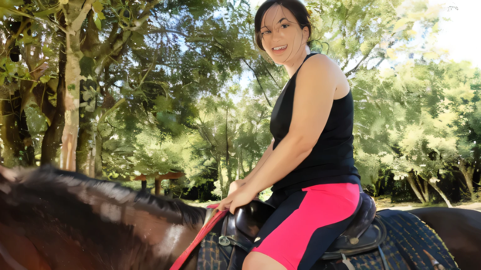 woman riding a horse in a wooded area with trees in the background, riding a horse, on a horse, riding a black horse, riding horse, ride horse, riding on a prancing horse, with horse driven, no reins, photo from the back, horse rider, riding a horse!!! in saharan, profile image, anna, ๐ฐ ๐ โ ๐