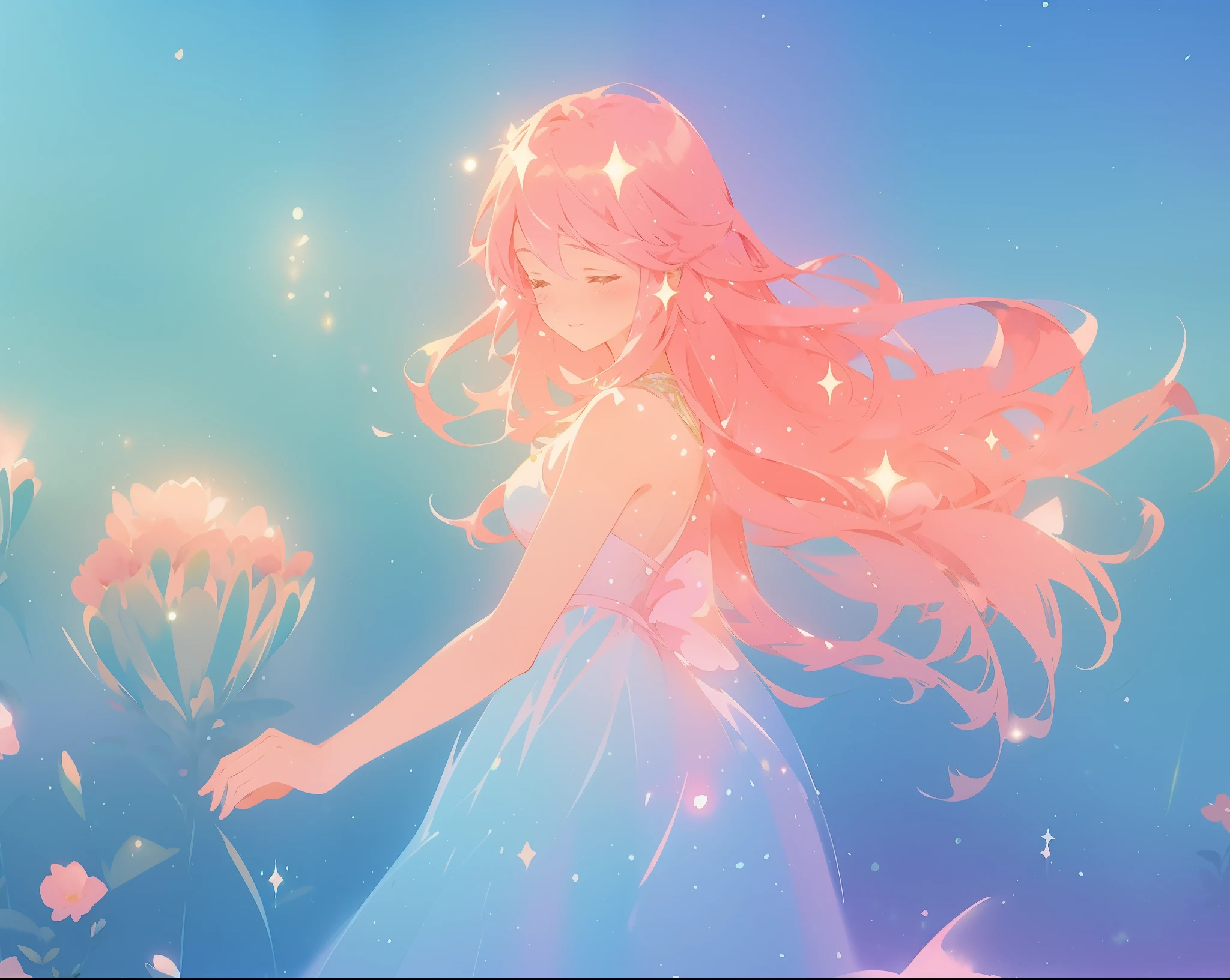 beautiful girl in sparkling flowing dress, long flowing pink hair, colorful fantasia background, watercolor illustration, disney art style, glowing aura around her, glowing lights, beautiful digital illustration, fantasia otherworldly landscape plants flowers, beautiful, masterpiece, best quality, anime disney style