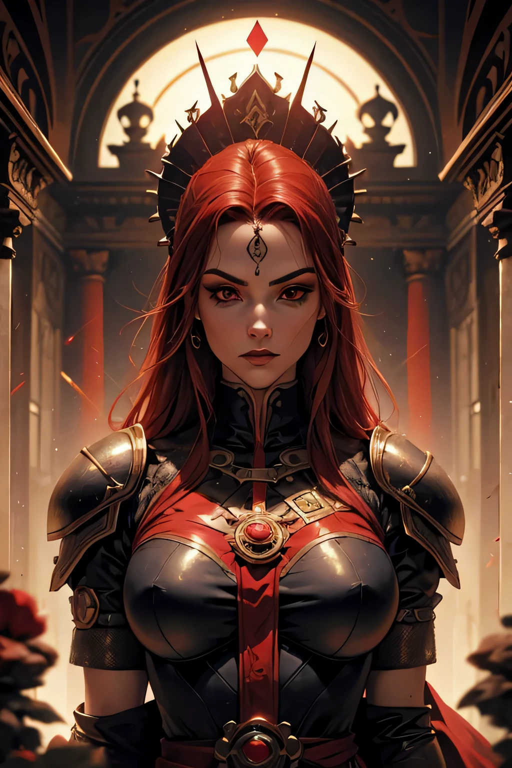 surrealismo, sombra projetada, anaglyph, estereograma, tachi-e, pov, atmospheric perspective, 8k, super detalhe, preciso, espada grande, Melhor qualidade,enorme espada flamejante,deusa super poderosa da morte saindo do templo escuro,exquisite facial features,Estrutura correta da perspectiva facial,Pupilas vermelhas piscando,Armadura toda em metal preta e vermelha,Fundo vermelho de dresoon de batalha,Chamas voadoras,behind is the meteor magic around the body,Gothic style,linda armadura de ouro vermelho,Fundo rico,fundo de arte de espada,filmagem,profundidade de campo,super visual,super vision