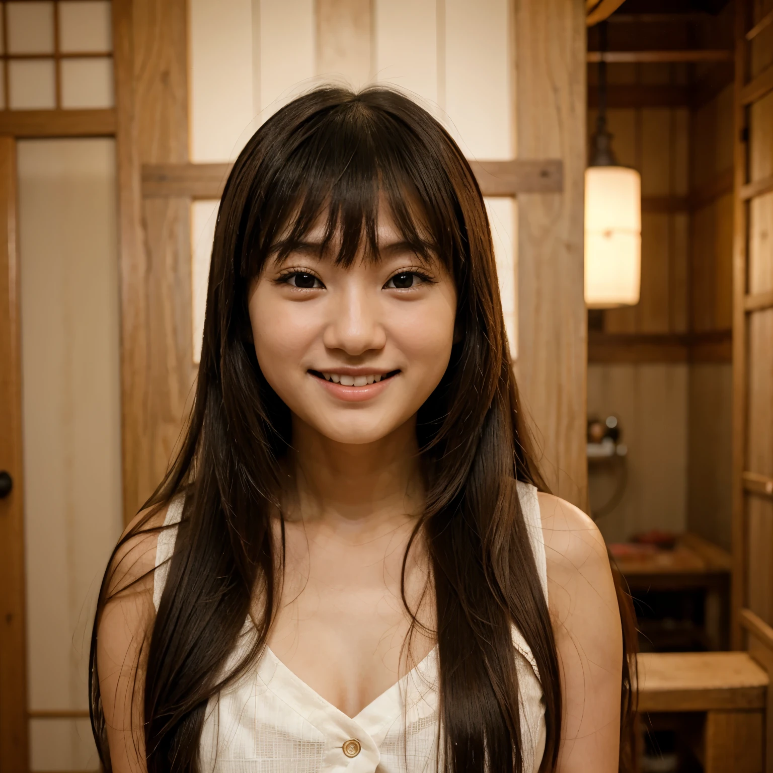 Japanese,,cute baby face,long hair,bangs,medium ,cute smile,glowing skin,raw photo