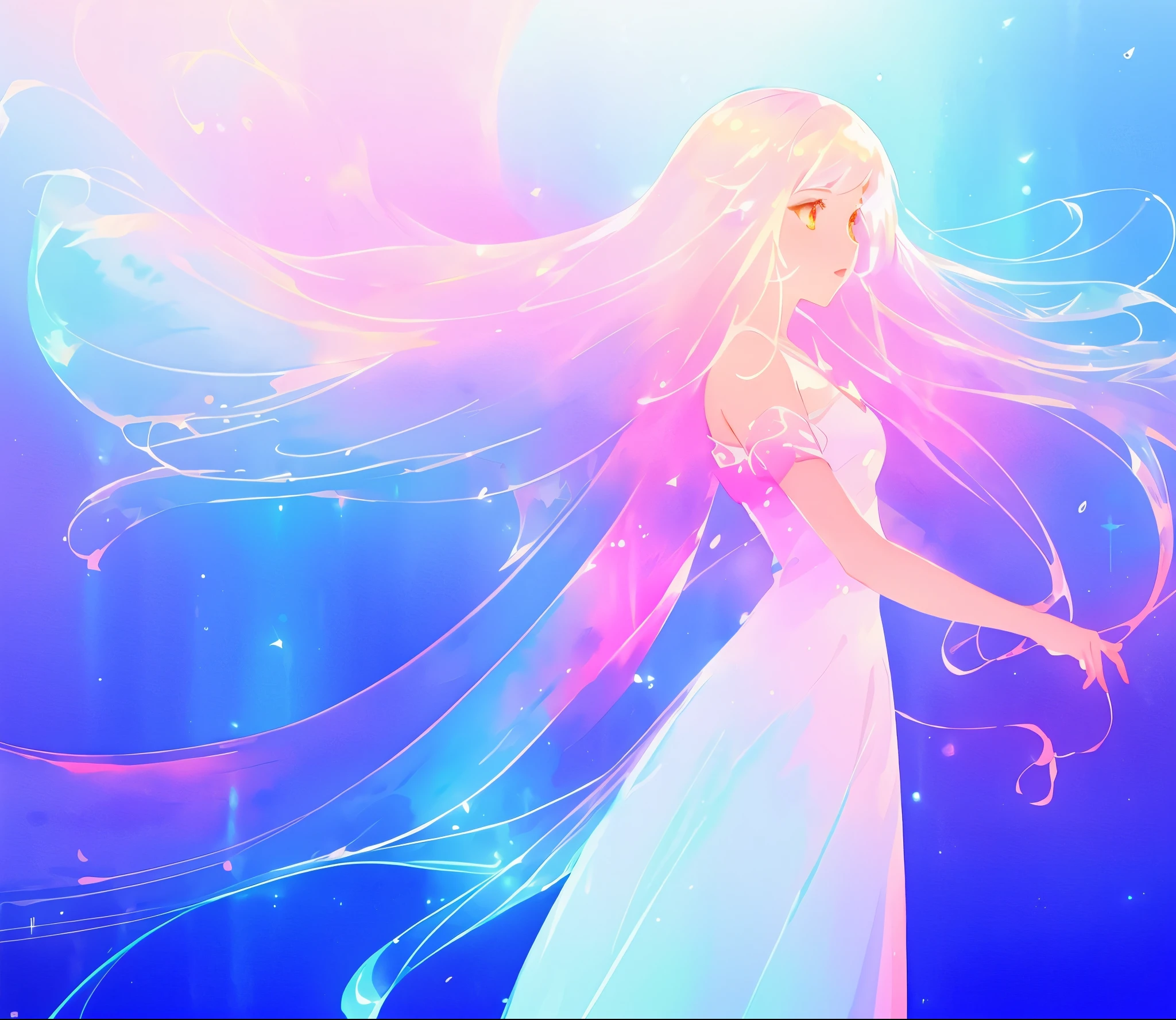 beautiful girl in flowing gradient white dress, long colorful liquid hair, watercolor illustration, sparkling, fantasia liquid background, inspired by Glen Keane, inspired by Lois van Baarle, disney art style, by Lois van Baarle, glowing aura around her, by Glen Keane, jen bartel, glowing lights! digital painting, flowing glowing hair, glowing flowing hair, beautiful digital illustration, fantasia otherworldly landscape plants flowers, beautiful, masterpiece, best quality, anime disney style