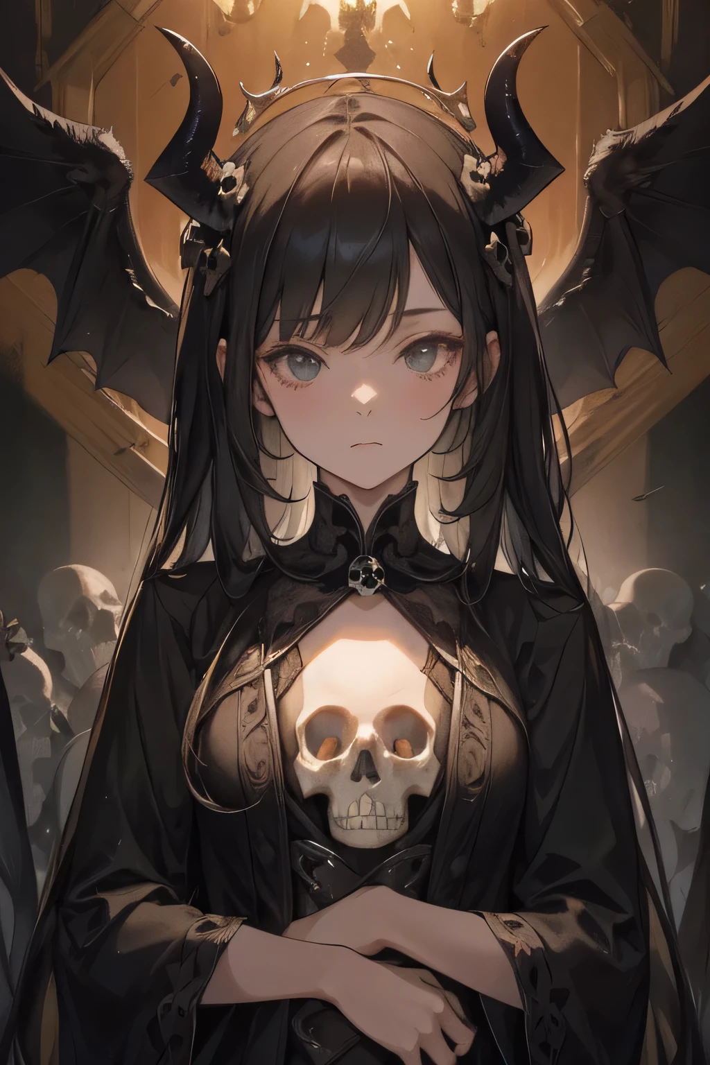 vampire girl, naked, holding a skull, sitting in a pile of bones