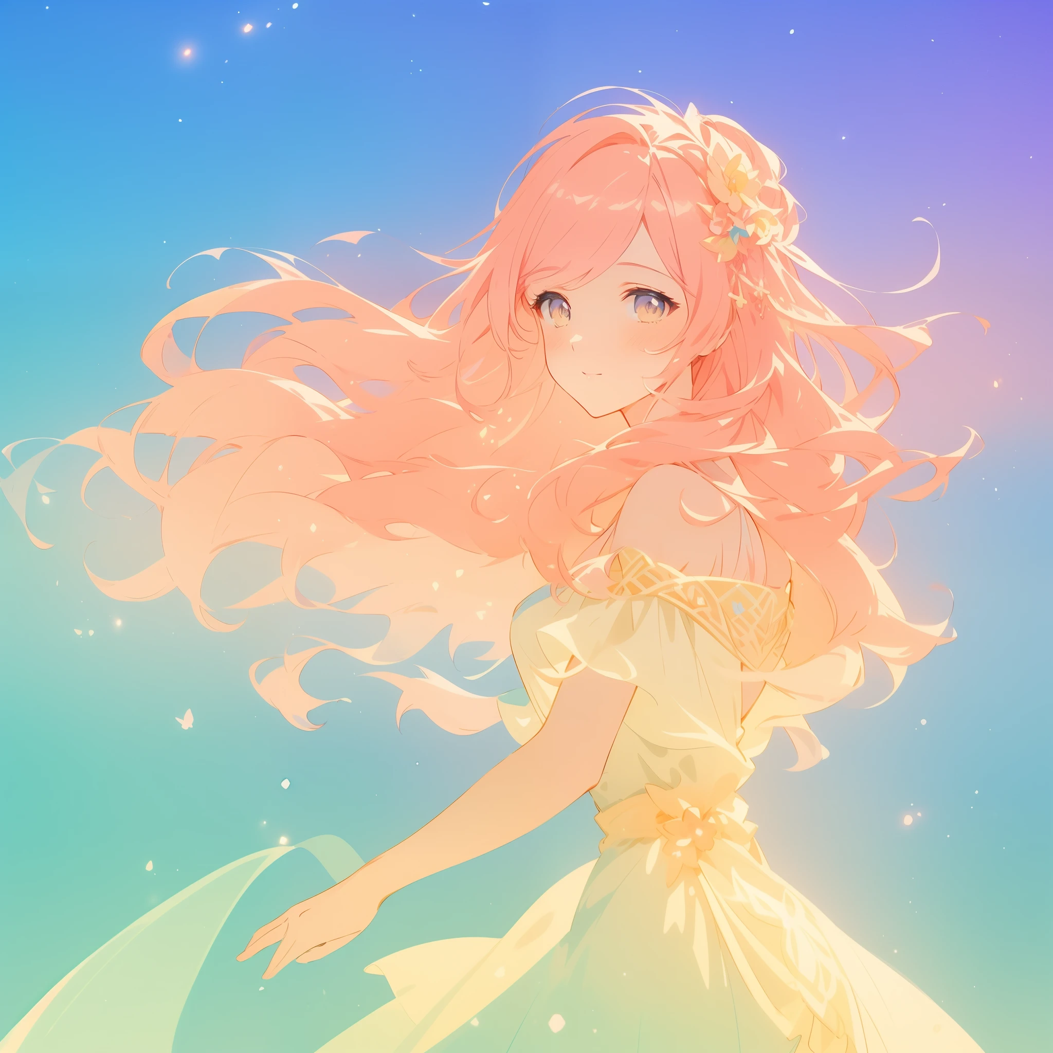 beautiful girl in flowing layered dress, long wavy peach pink hair, vibrant pastel colors, (colorful), colorful watercolor background, ethereal, disney art style, by Lois van Baarle, glowing aura around her, by Glen Keane, jen bartel, glowing lights! digital painting, flowing glowing hair, glowing flowing hair, beautiful digital illustration, fantasia background, whimsical, magical, fantasy, beautiful face, ((masterpiece, best quality)), intricate details, highly detailed, sharp focus, 8k resolution, sparkling detailed eyes, liquid watercolor