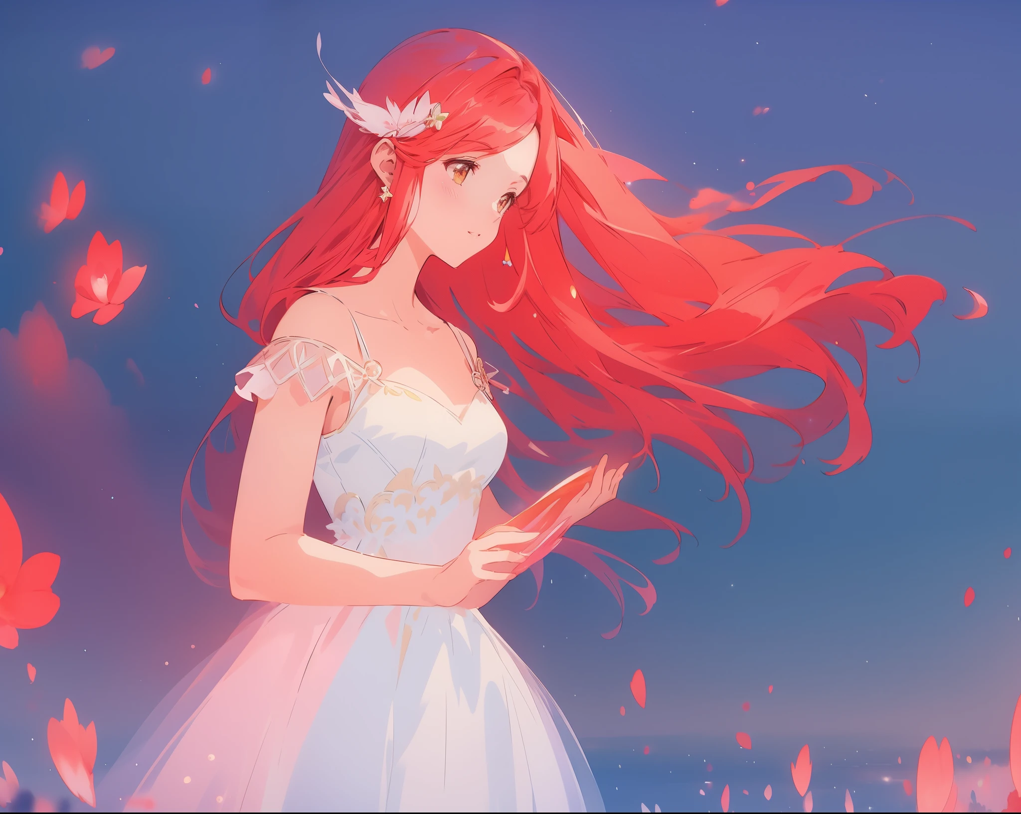 beautiful girl in puffy layered white ballgown, puffy layered white tutu skirt, long flowing red hair, colorful fantasia background, watercolor illustration, glowing aura around her, glowing flowing hair, fantasia otherworldly landscape, beautiful, masterpiece, best quality, sharp focus, intricate details, highly detailed, 8k resolution, high resolution, fine detail, golden ratio, perfect composition, perfection, intricate dress details