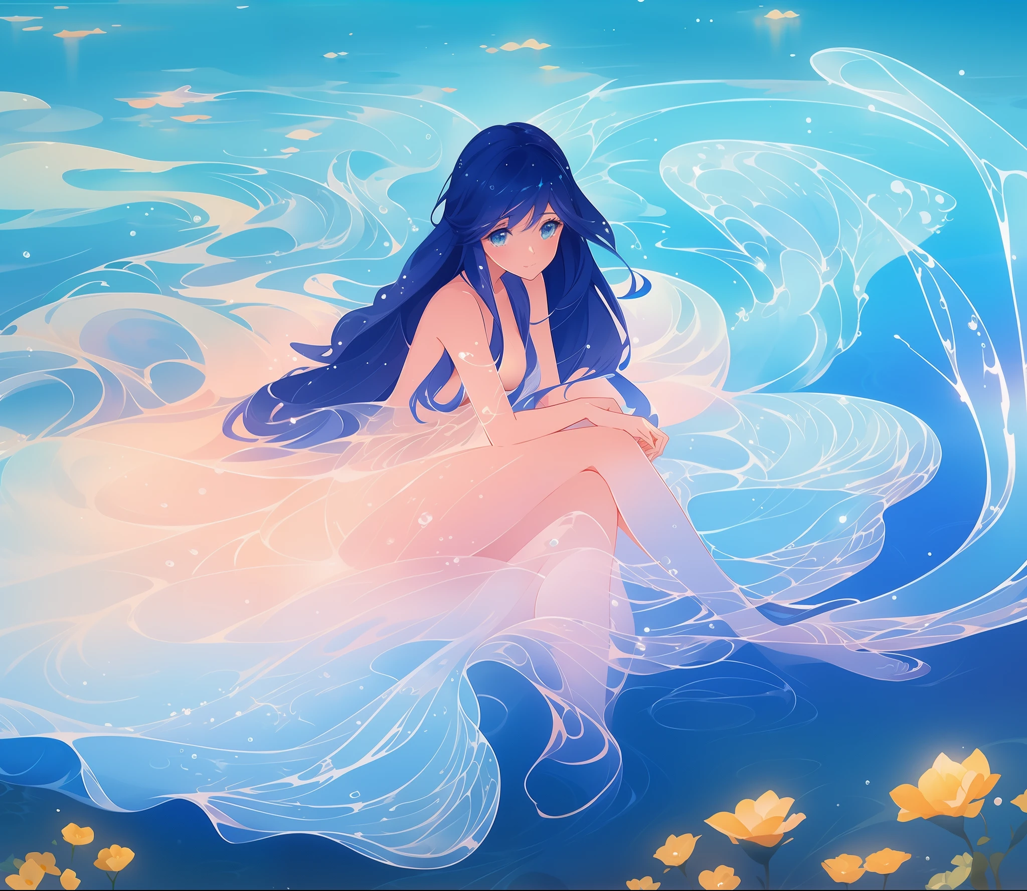 beautiful nude girl covered by seafoam, long dark hair, beautiful girl sitting in the water, private areas covered by seafoam, water nymph, water fairy, watercolor illustration, inspired by Glen Keane, inspired by Lois van Baarle, disney art style, by Lois van Baarle, by Glen Keane, jen bartel, beautiful digital illustration, fantasia otherworldly, beautiful, masterpiece, best quality, anime disney style