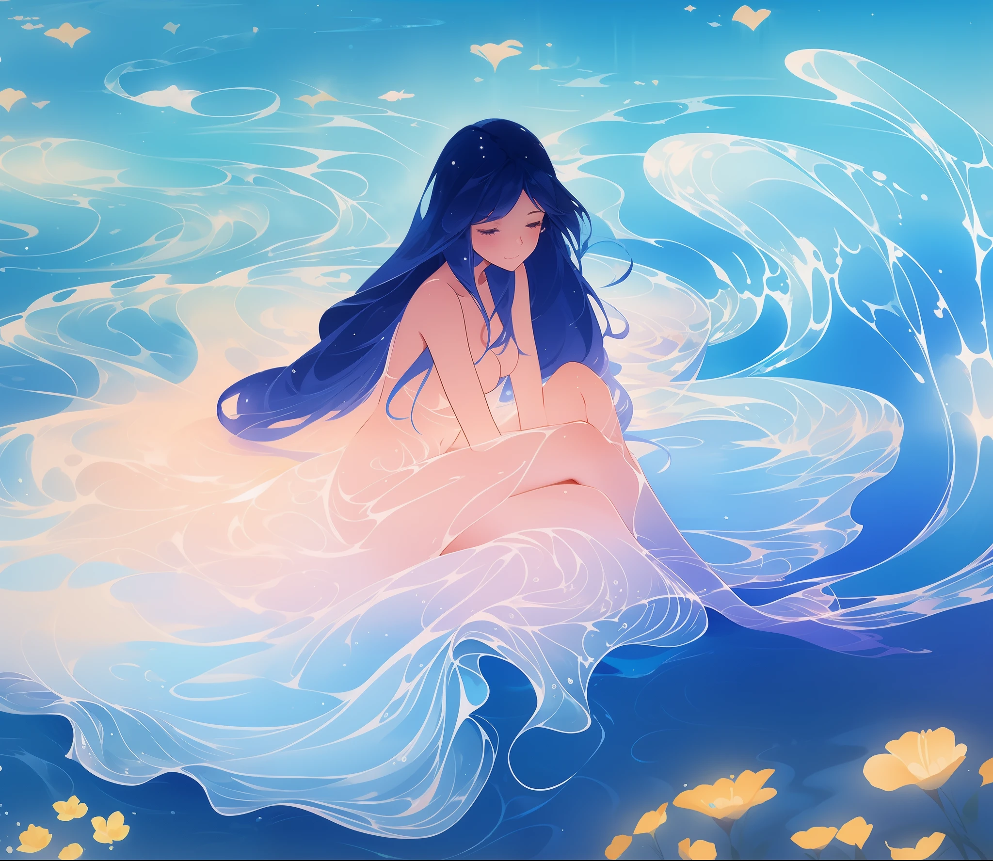 beautiful nude girl covered by seafoam, long dark hair, beautiful girl sitting in the water, private areas covered by seafoam, water nymph, water fairy, watercolor illustration, inspired by Glen Keane, inspired by Lois van Baarle, disney art style, by Lois van Baarle, by Glen Keane, jen bartel, beautiful digital illustration, fantasia otherworldly, beautiful, masterpiece, best quality, anime disney style